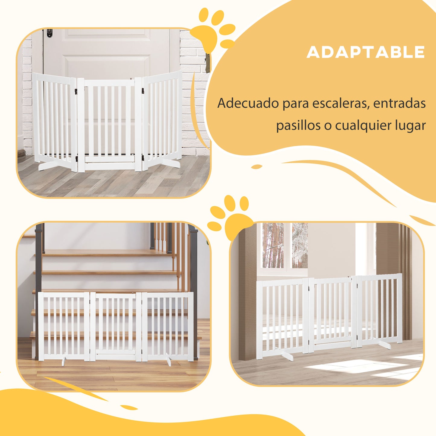 PawHut Barrera para Perros de Madera Valla para Mascotas Plegable de 3 Paneles con 1 Puerta y Patas de Apoyo para Pasillo Escalera 155x35,5x76 cm Blanco