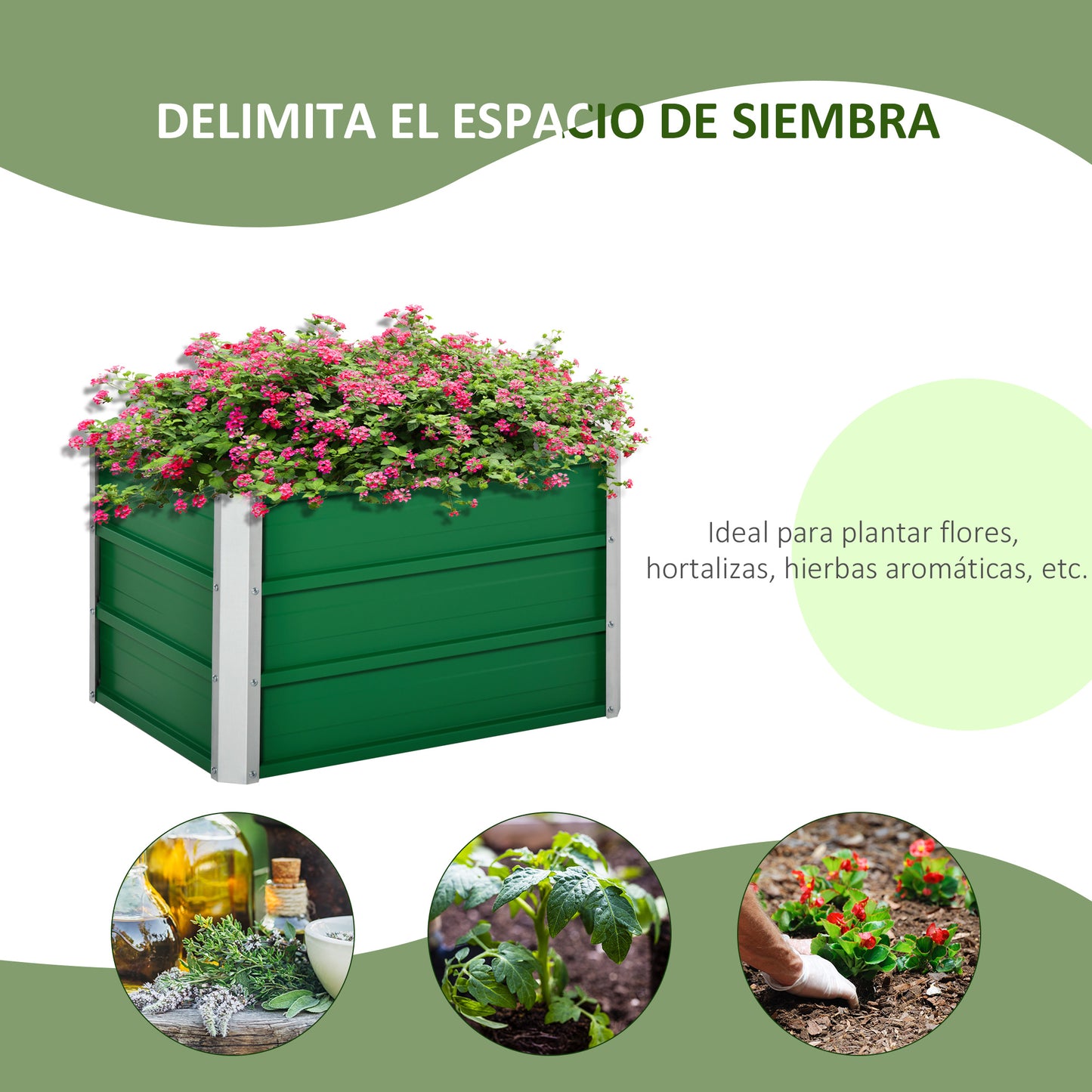 Outsunny Arriate Alto de Jardín de Acero Incluye Guantes Huerto Urbano Jardinera Macetero Rectangular para Cultivos Plantas Flores para Exterior Terraza Balcón 66x47x40 cm Verde