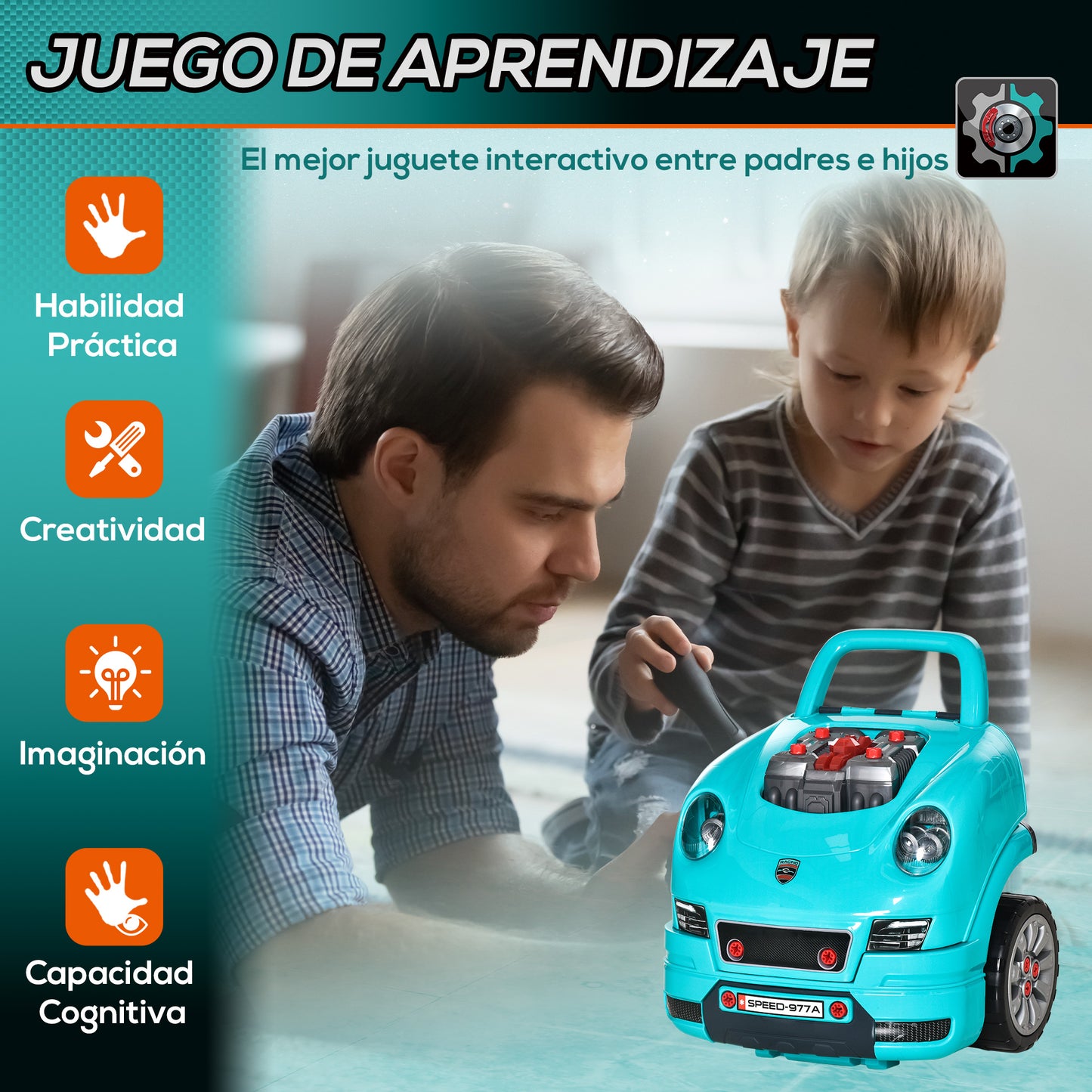 HOMCOM Motor de Camión para Niños de +3 Años Conjunto de Motor de Juguete con 61 Piezas Volante Bocina Faros Caja de Almacenaje y Ruedas 40x39x47 cm Turquesa