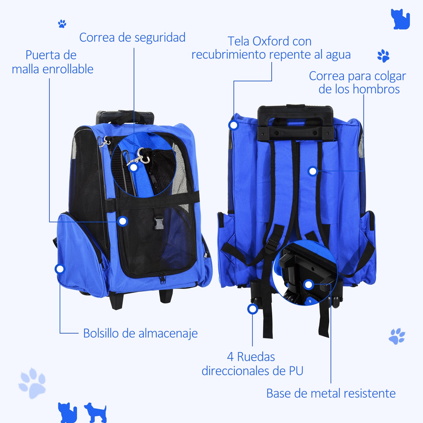 PawHut Transportín 2 en 1 para Mascotas Mochila o Carrito de Viaje para Perro y Gato con 2 Ruedas con Asa retráctil de Aluminio y Bolsillos 42x25x55 cm Azul