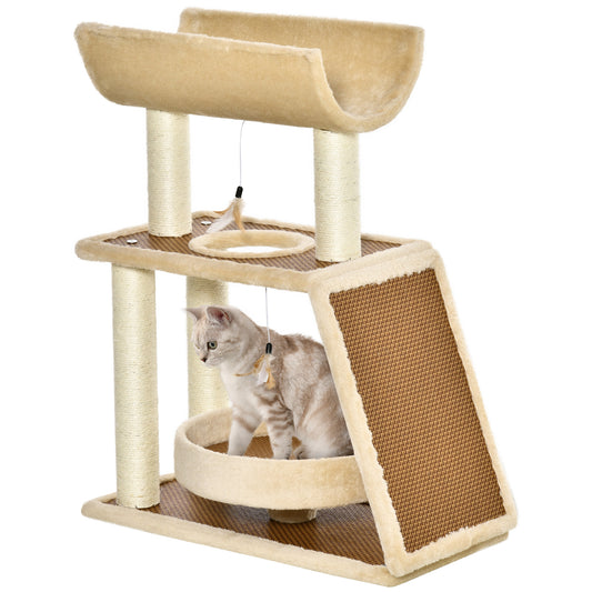 PawHut Árbol Rascador para Gatos 60x30x76 cm con Cama de Lino Postes Rascadores de Sisal Natural Plataforma Tipo Túnel Rampa y Juguetes Colgantes Beige y Marrón