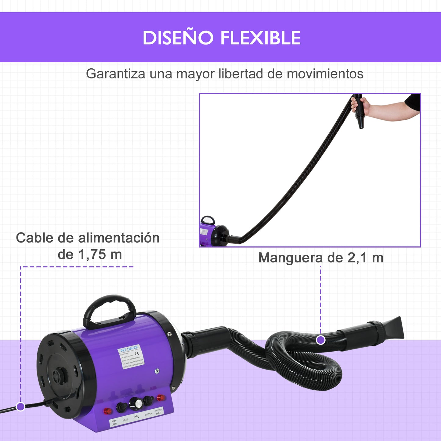 PawHut Secador de Pelo para Perros 2800W Secador para Mascotas con Temperatura y Velocidad del Viento Ajustable 3 Boquillas Tubo Flexible 2,1 m y Asa Portátil 40x16x20 cm Negro y Púrpura