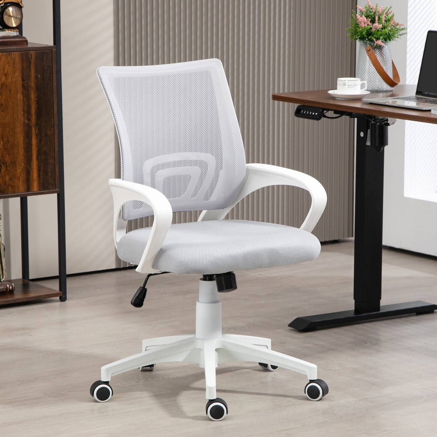 HOMCOM Silla de Oficina de Malla Silla de Escritorio Giratoria con Altura Ajustable Función de Basculante Soporte Lumbar y Reposabrazos Silla para Estudio Carga 120 kg Gris