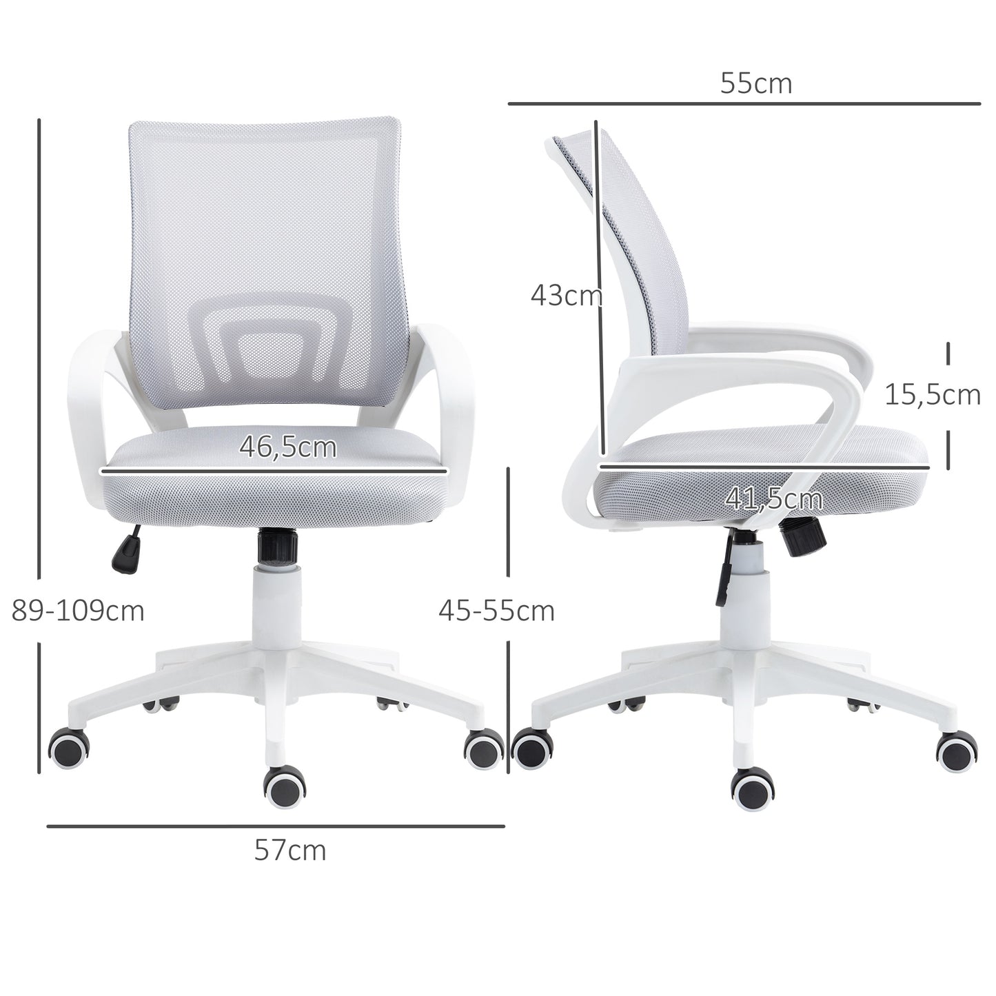 HOMCOM Silla de Oficina de Malla Silla de Escritorio Giratoria con Altura Ajustable Función de Basculante Soporte Lumbar y Reposabrazos Silla para Estudio Carga 120 kg Gris