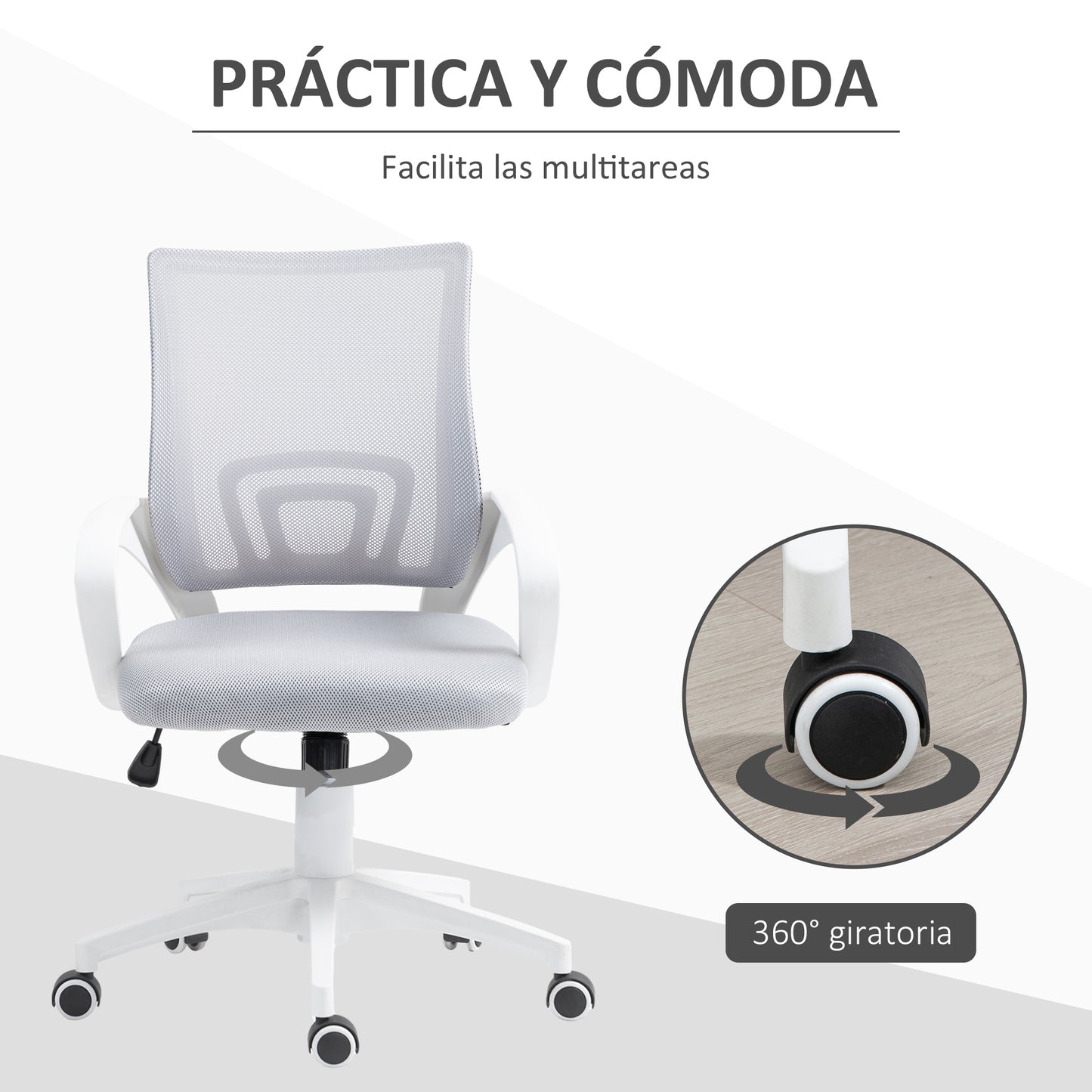 HOMCOM Silla de Oficina de Malla Silla de Escritorio Giratoria con Altura Ajustable Función de Basculante Soporte Lumbar y Reposabrazos Silla para Estudio Carga 120 kg Gris