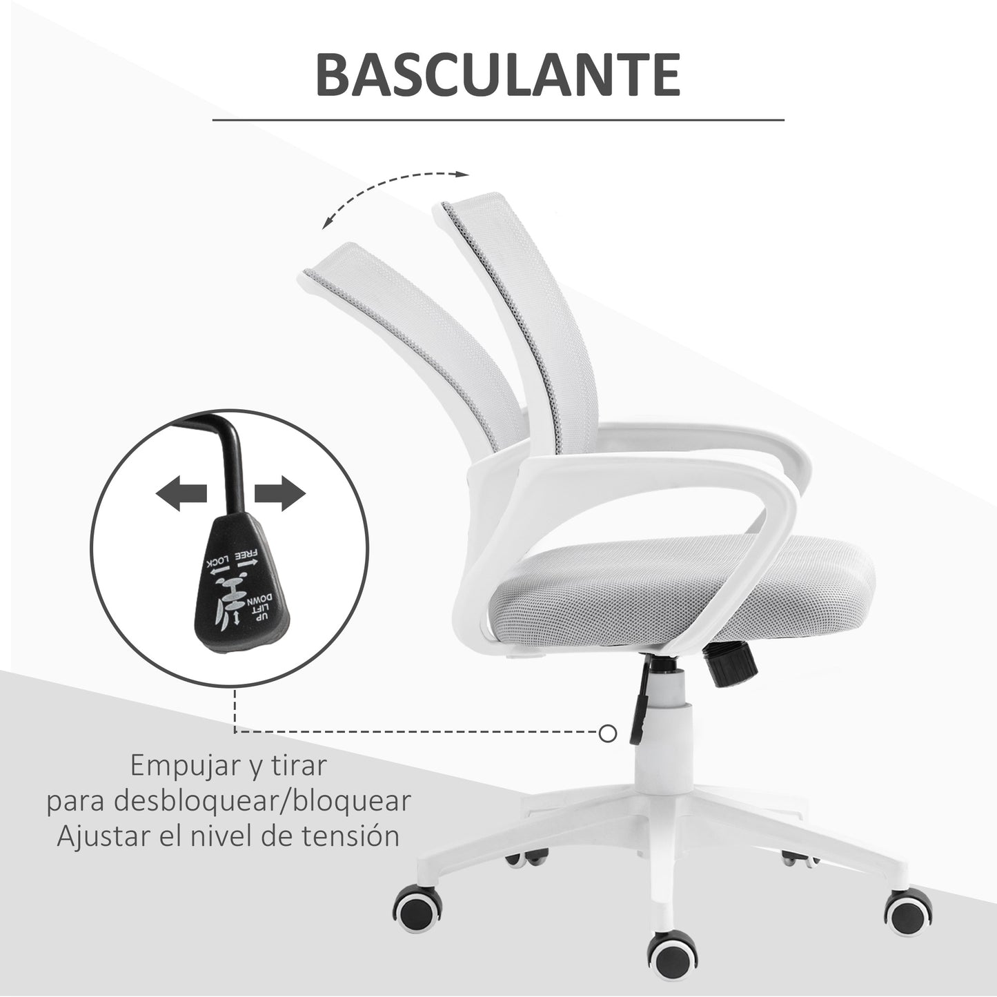 HOMCOM Silla de Oficina de Malla Silla de Escritorio Giratoria con Altura Ajustable Función de Basculante Soporte Lumbar y Reposabrazos Silla para Estudio Carga 120 kg Gris