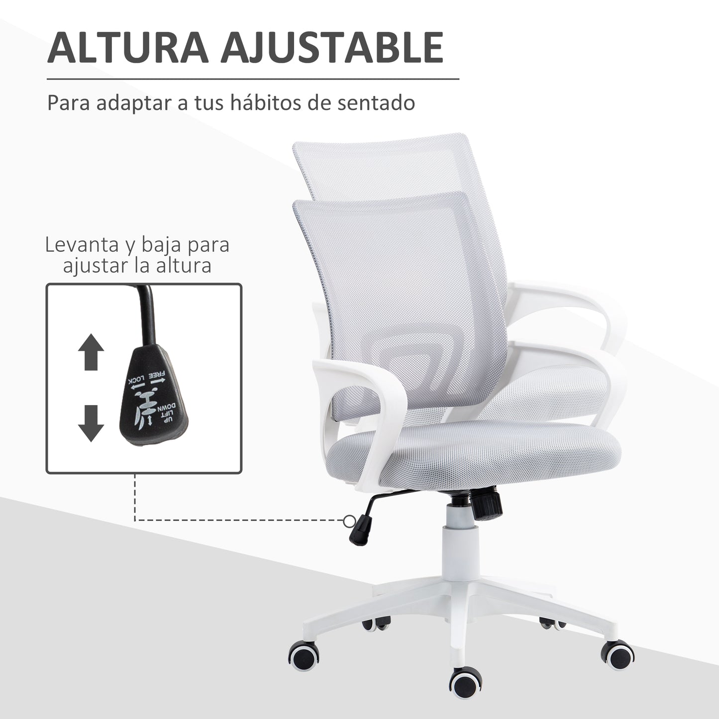 HOMCOM Silla de Oficina de Malla Silla de Escritorio Giratoria con Altura Ajustable Función de Basculante Soporte Lumbar y Reposabrazos Silla para Estudio Carga 120 kg Gris