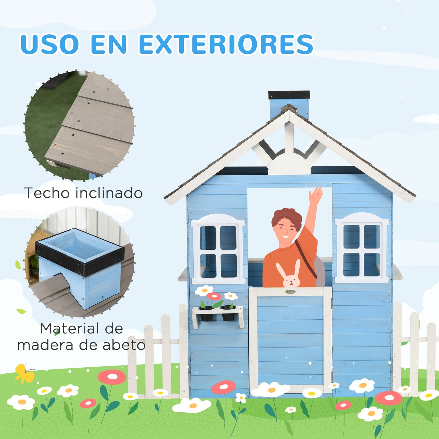 Outsunny Casita Infantil de Madera Casa de Juegos Exterior para Niños de 3-7 Años con Puerta Ventanas Macetas y Vallas Laterales 151x112,5x142 cm Azul