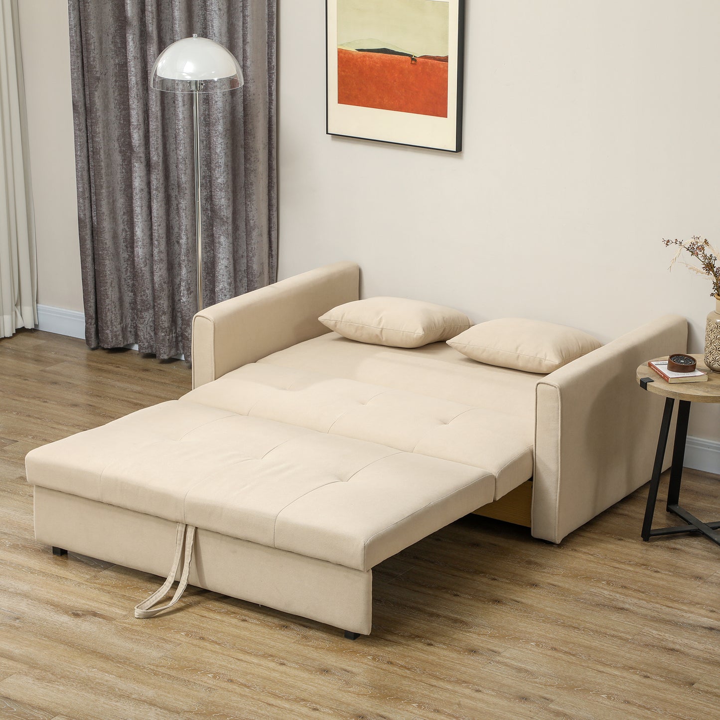 HOMCOM Sofá Cama de 2 Plazas Sofá Cama Tapizado en Poli Algodón con 2 Cojines Desmontables y Espacio de Almacenamiento Sofá Doble para Salón Oficina 152x101x81 cm Beige