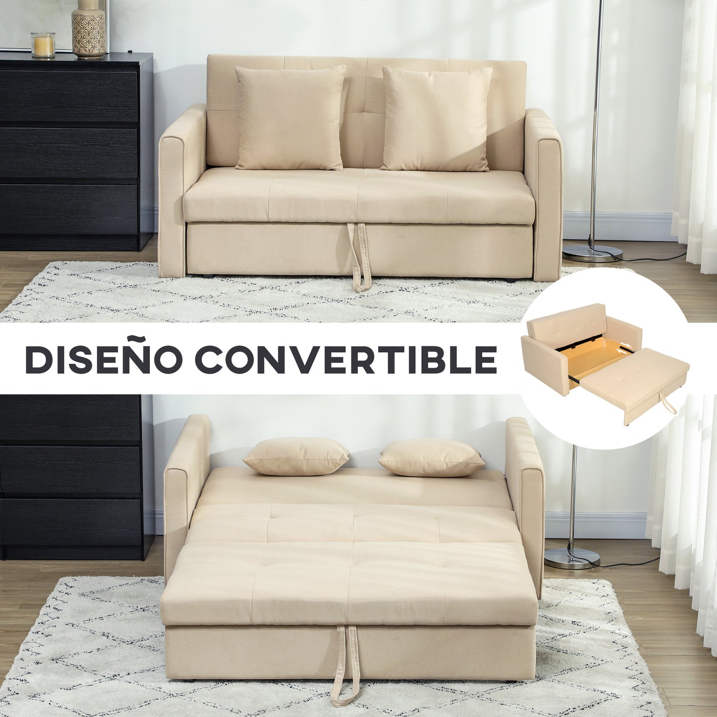 HOMCOM Sofá Cama de 2 Plazas Sofá Cama Tapizado en Poli Algodón con 2 Cojines Desmontables y Espacio de Almacenamiento Sofá Doble para Salón Oficina 152x101x81 cm Beige