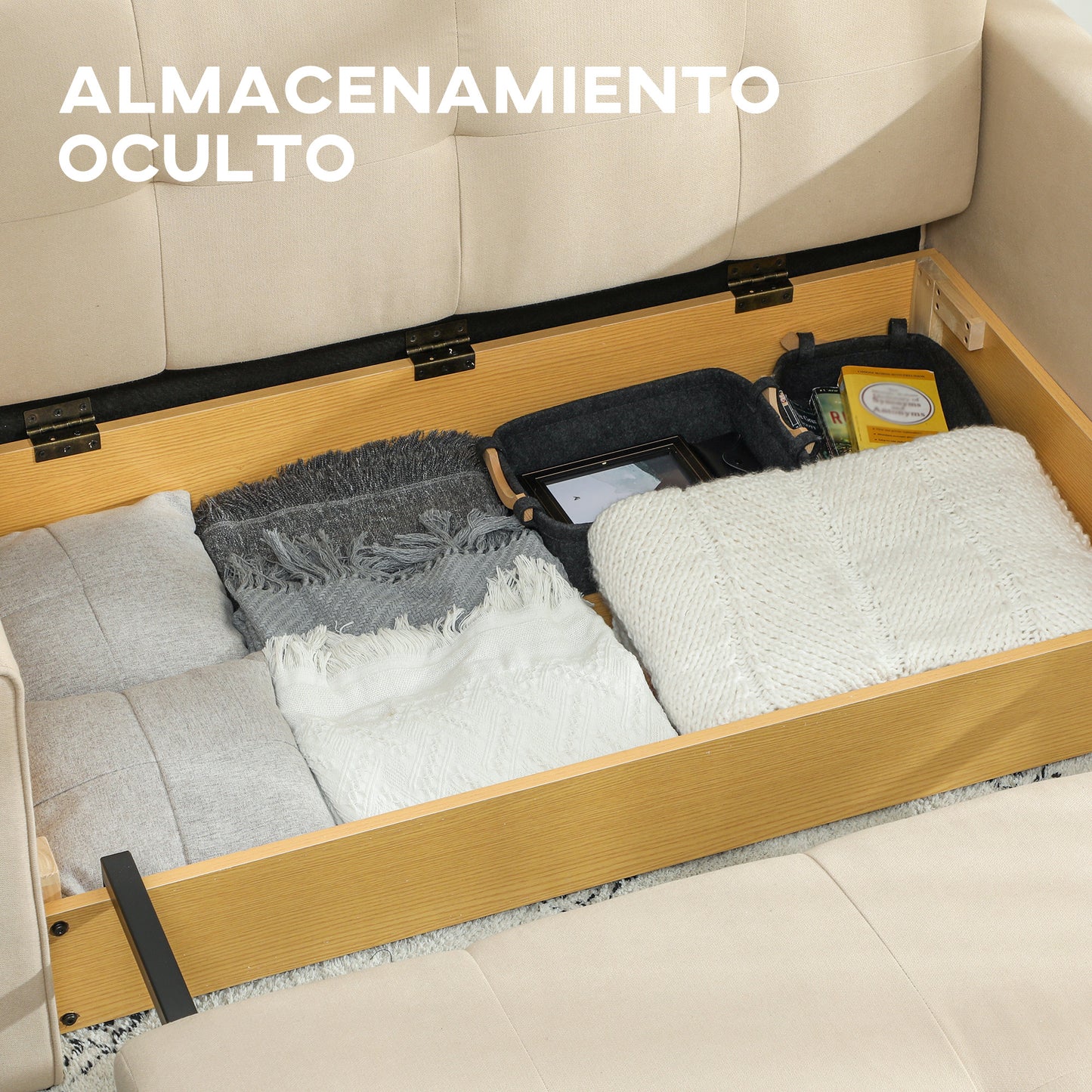 HOMCOM Sofá Cama de 2 Plazas Sofá Cama Tapizado en Poli Algodón con 2 Cojines Desmontables y Espacio de Almacenamiento Sofá Doble para Salón Oficina 152x101x81 cm Beige