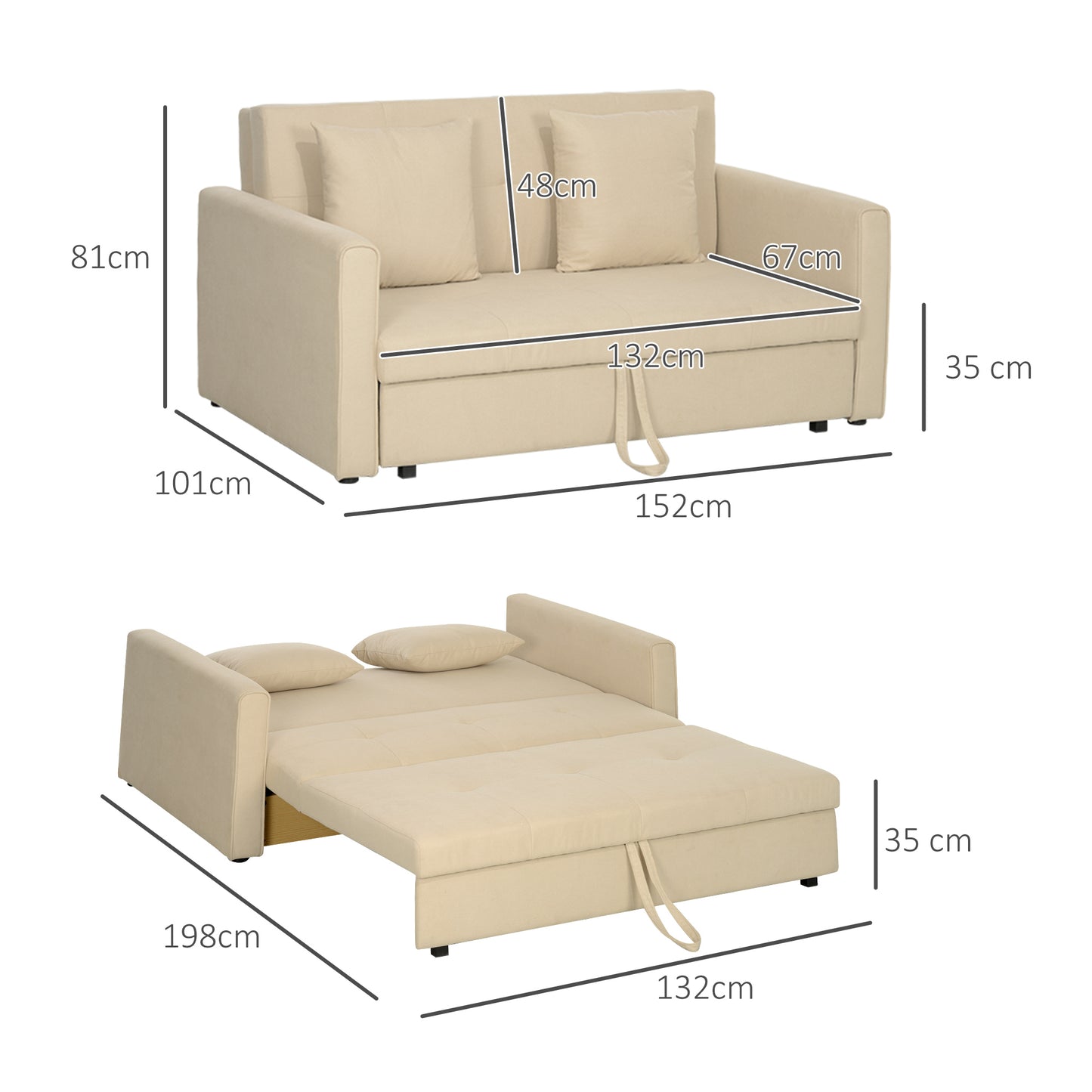 HOMCOM Sofá Cama de 2 Plazas Sofá Cama Tapizado en Poli Algodón con 2 Cojines Desmontables y Espacio de Almacenamiento Sofá Doble para Salón Oficina 152x101x81 cm Beige