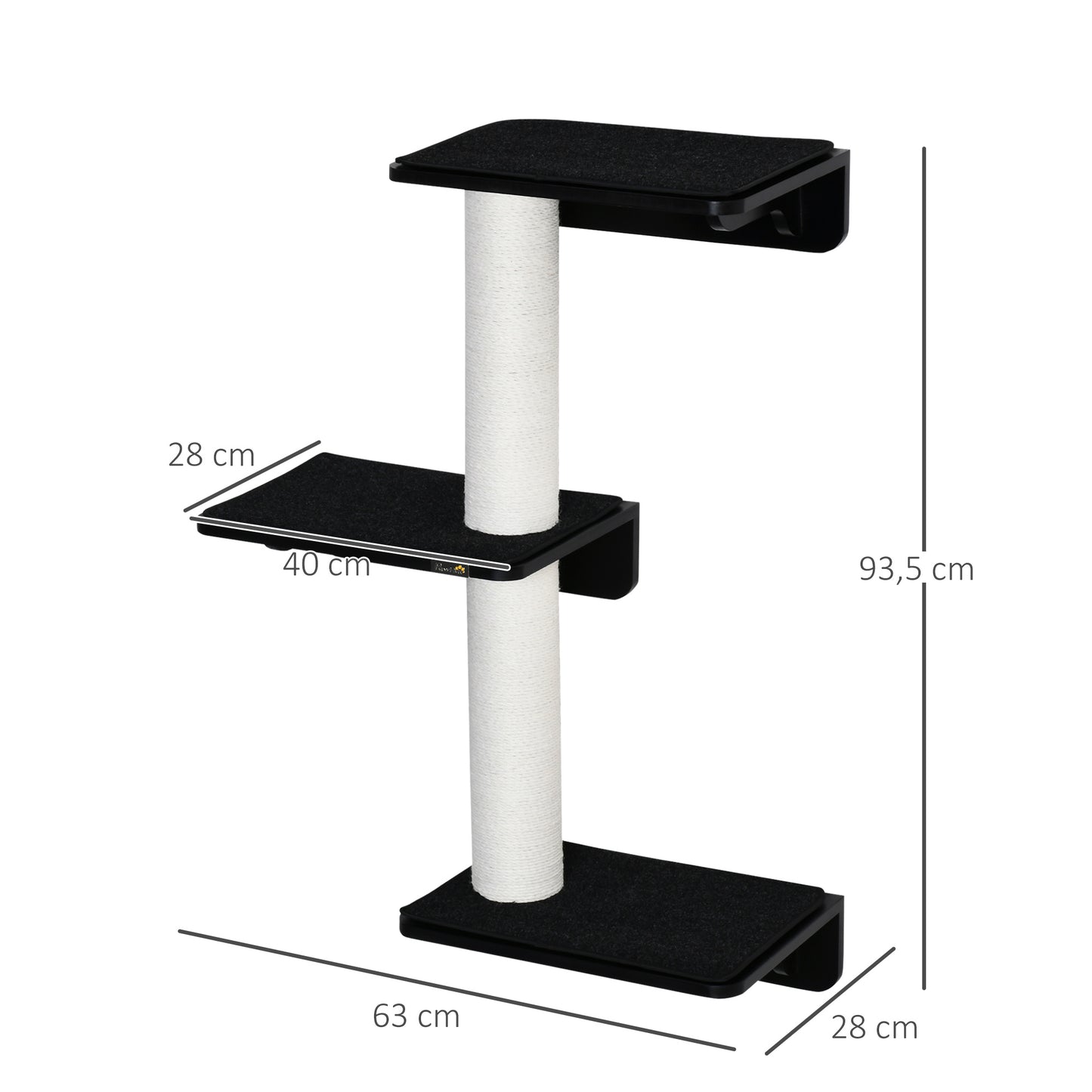 PawHut Árbol para Gatos de Pared con 3 Plataformas Cojín Extraíble y 2 Postes Rascadores de Sisal Torre para Escalar 63x28x93,5 cm Negro y Blanco