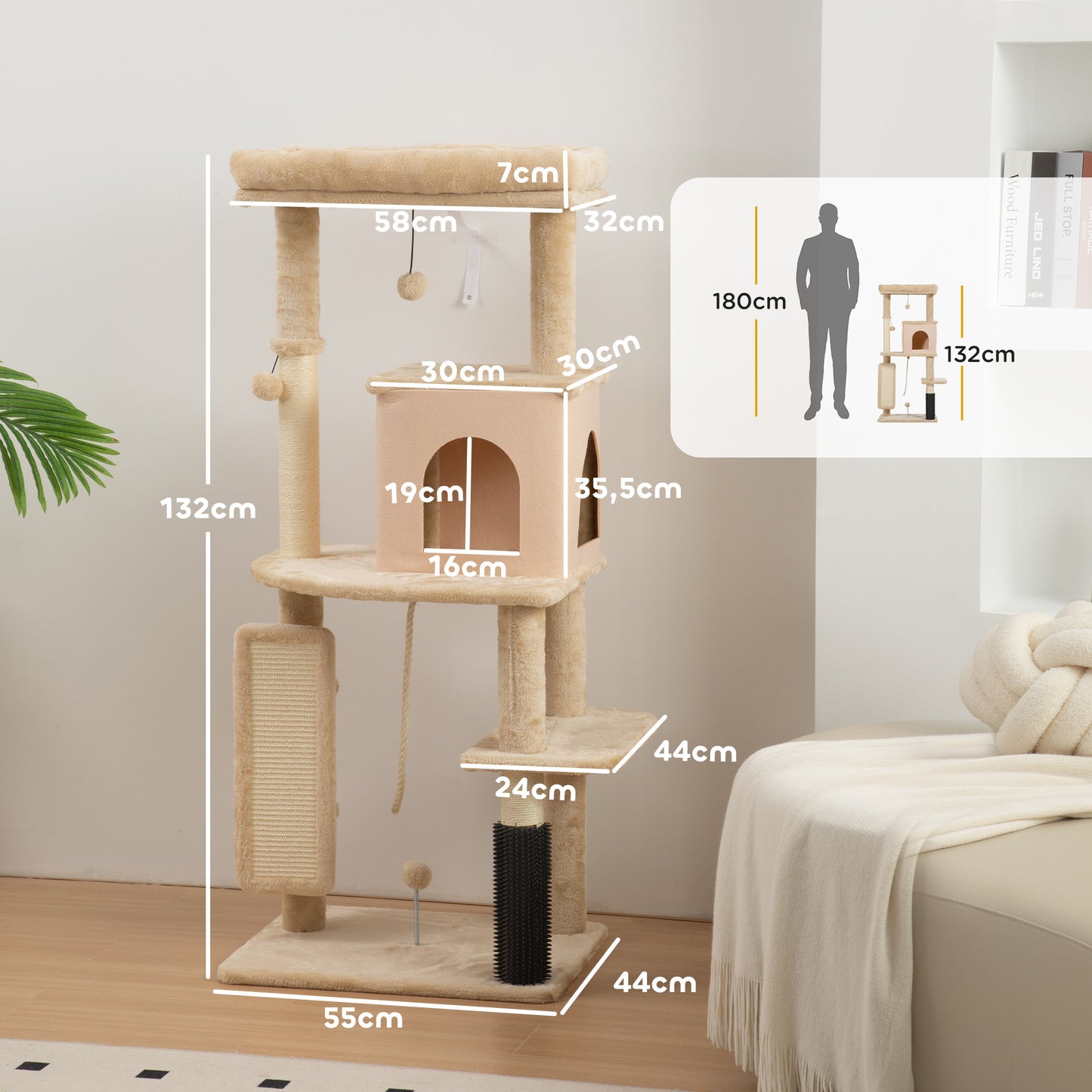 PawHut Árbol Rascador para Gatos Altura 132 cm Árbol para Gatos Torre para Gatos con Plataformas Poste con Cepillo Bolas Colgantes y Almohadilla para Rascar Beige