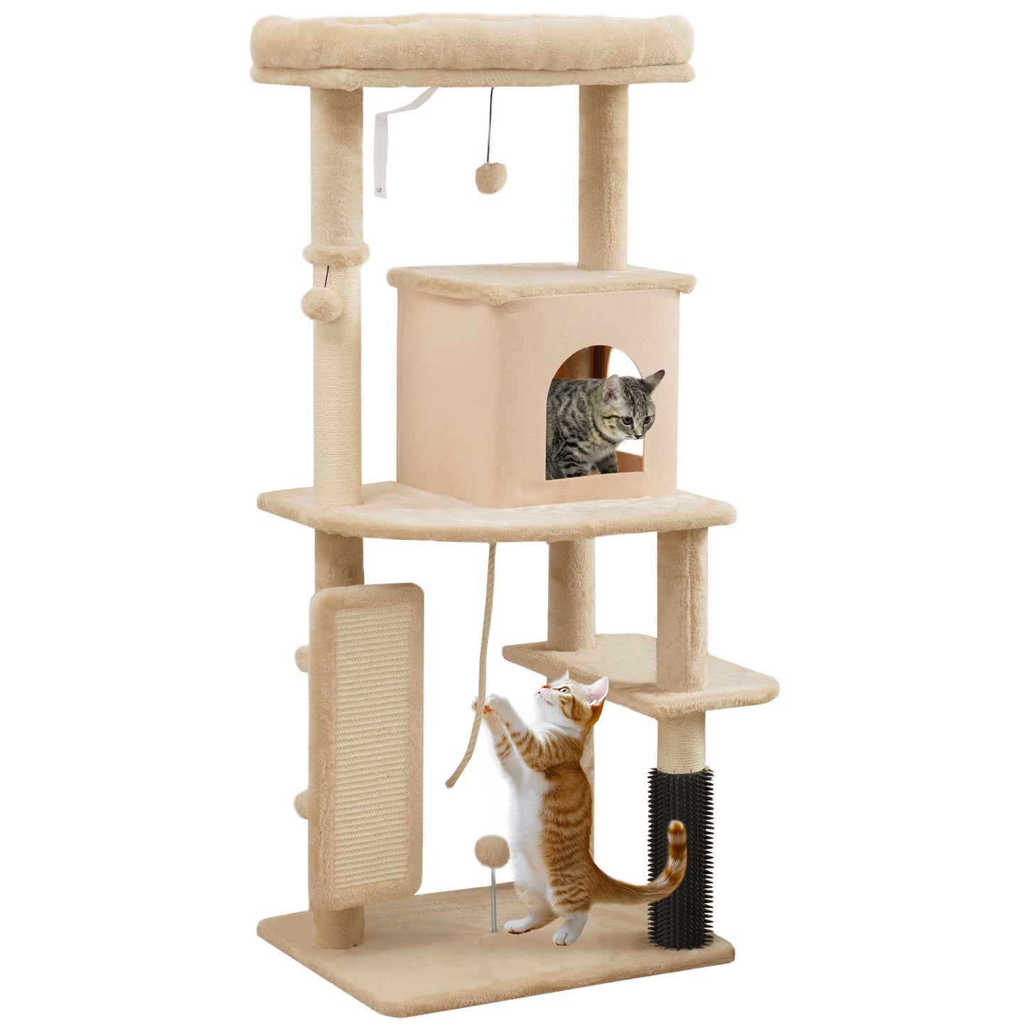 PawHut Árbol Rascador para Gatos Altura 132 cm Árbol para Gatos Torre para Gatos con Plataformas Poste con Cepillo Bolas Colgantes y Almohadilla para Rascar Beige