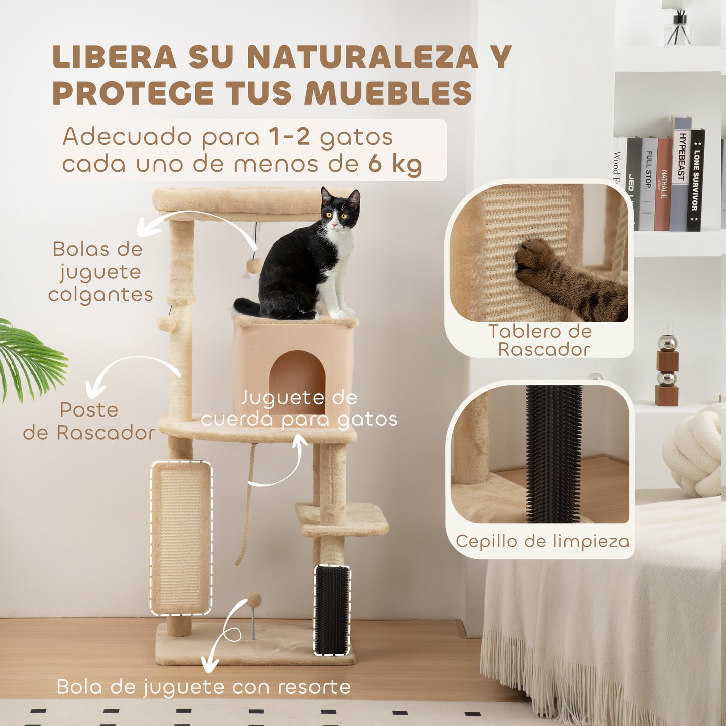 PawHut Árbol Rascador para Gatos Altura 132 cm Árbol para Gatos Torre para Gatos con Plataformas Poste con Cepillo Bolas Colgantes y Almohadilla para Rascar Beige