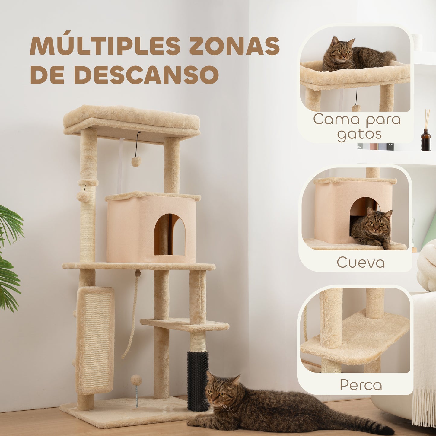 PawHut Árbol Rascador para Gatos Altura 132 cm Árbol para Gatos Torre para Gatos con Plataformas Poste con Cepillo Bolas Colgantes y Almohadilla para Rascar Beige