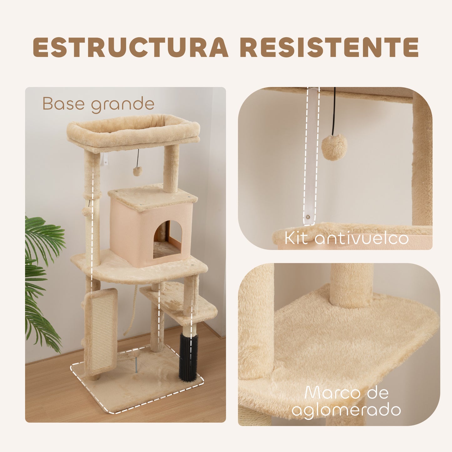 PawHut Árbol Rascador para Gatos Altura 132 cm Árbol para Gatos Torre para Gatos con Plataformas Poste con Cepillo Bolas Colgantes y Almohadilla para Rascar Beige