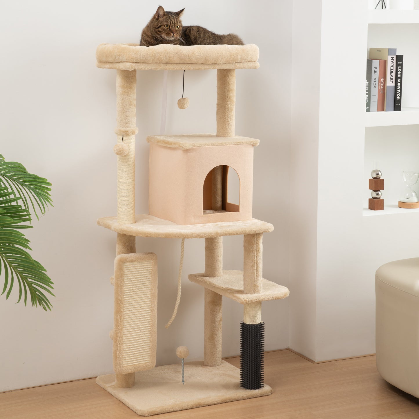 PawHut Árbol Rascador para Gatos Altura 132 cm Árbol para Gatos Torre para Gatos con Plataformas Poste con Cepillo Bolas Colgantes y Almohadilla para Rascar Beige