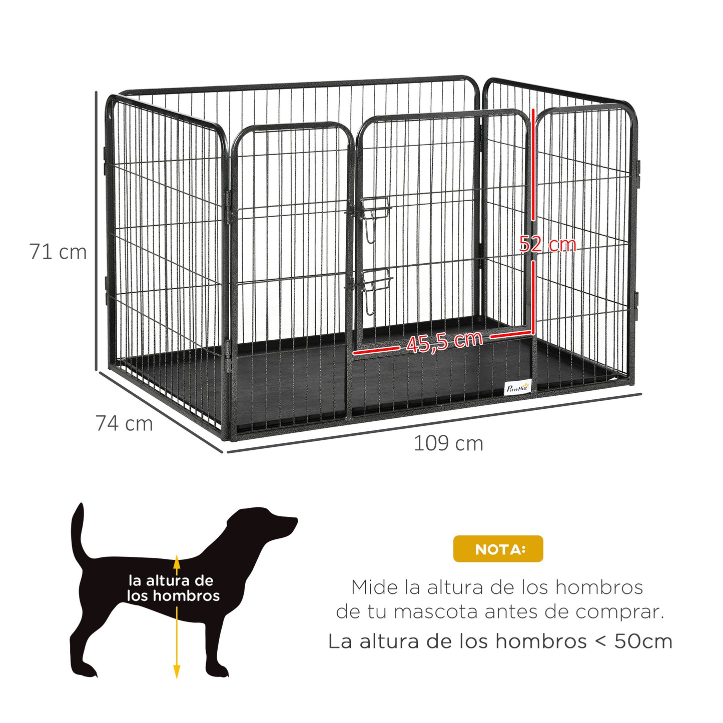 PawHut Parque para Mascotas Rectangular Parque de Juegos para Mascotas 4 Paneles de Acero 109x74x71 cm con Puerta de Doble Pestillo y Bandeja Extraíble para Exterior e Interior