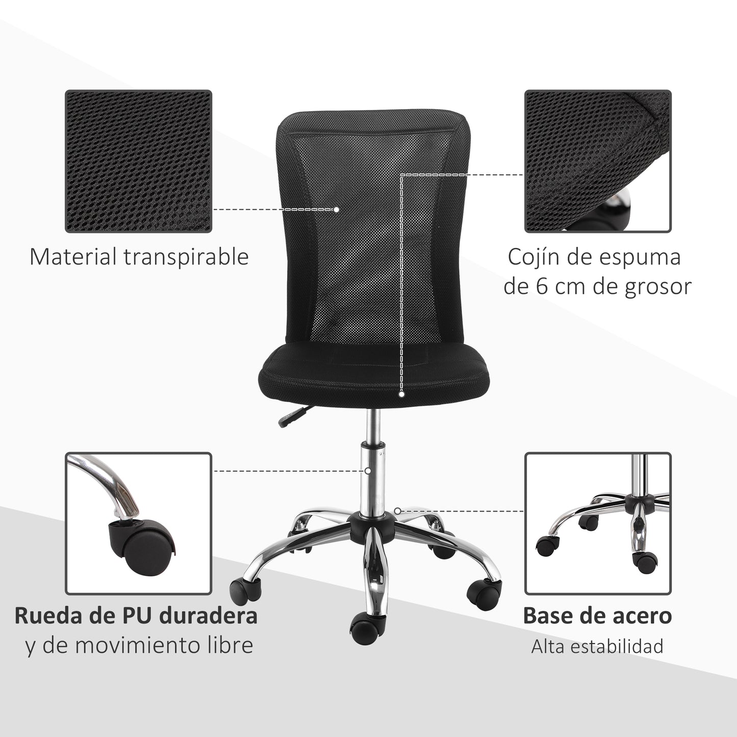 Vinsetto Silla de Oficina de Malla Silla de Escritorio Giratoria sin Brazos con Altura Ajustable Carga 100 kg para Estudio Despacho 43x58x90-100 cm Negro