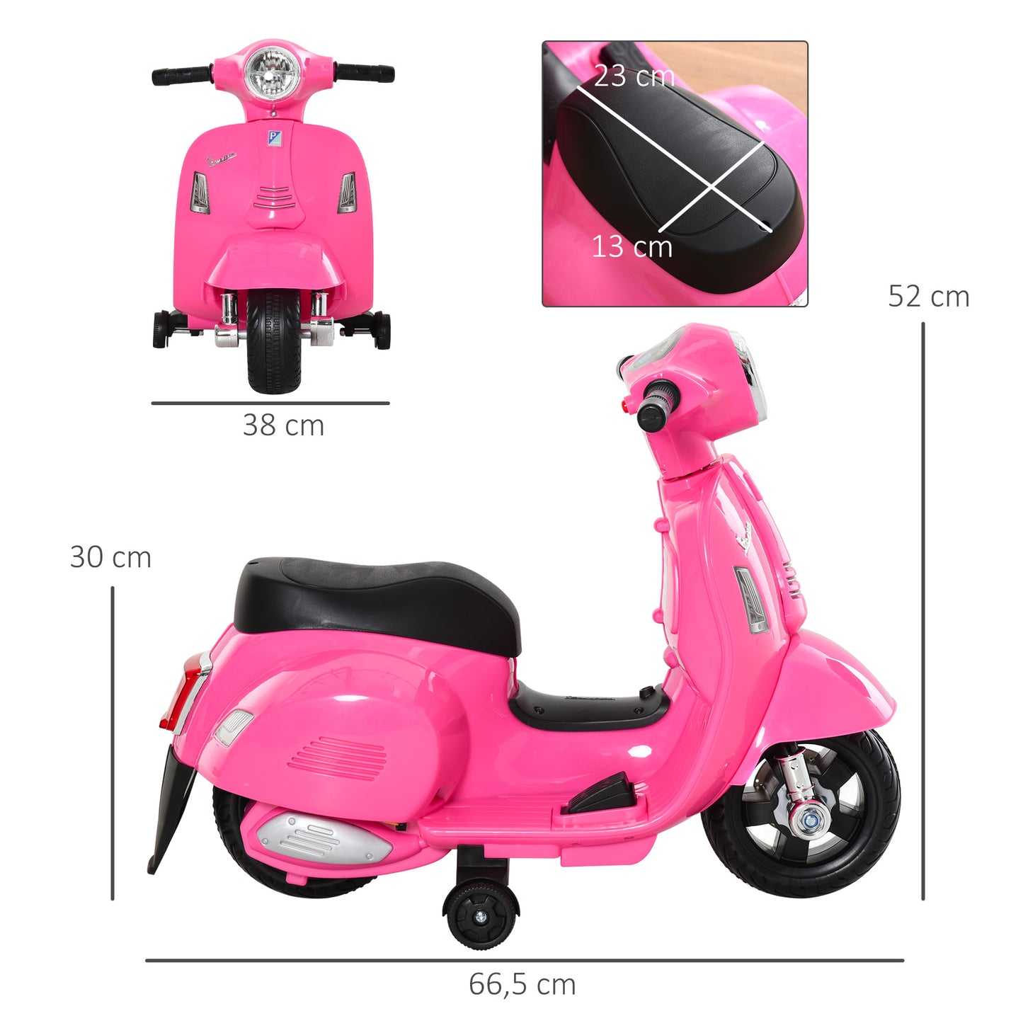 HOMCOM Moto Eléctrica Vespa para Niños de 18-36 Meses Moto de Batería 6V con Faro Bocina y 4 Ruedas Motocicleta Infantil con Licencia 66,5x38x52 cm Rosa