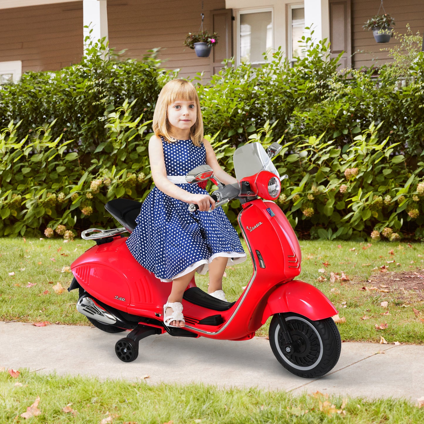 HOMCOM Moto Eléctrica para Niños de 3-6 Años Moto de Batería Autorizada de VESPA con Faros Música 2 Ruedas Auxiliares 108x49x75 cm Rojo