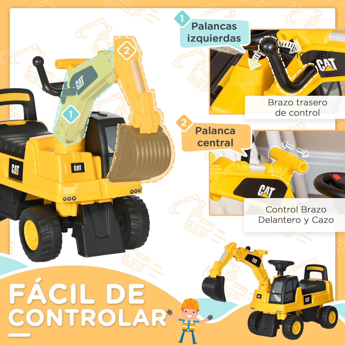 HOMCOM Excavadora con Licencia Caterpillar Excavadora Correpasillos para Niños de 12-36 Meses con Asiento de Almacenamiento Pala Delantera y Bocina Carga 25 kg 85x27,5x47,5 cm Amarillo