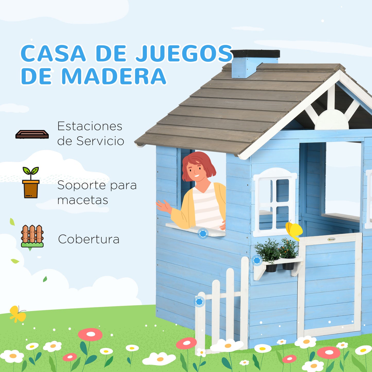 Outsunny Casita Infantil de Madera Casa de Juegos Exterior para Niños de 3-7 Años con Puerta Ventanas Macetas y Vallas Laterales 151x112,5x142 cm Azul