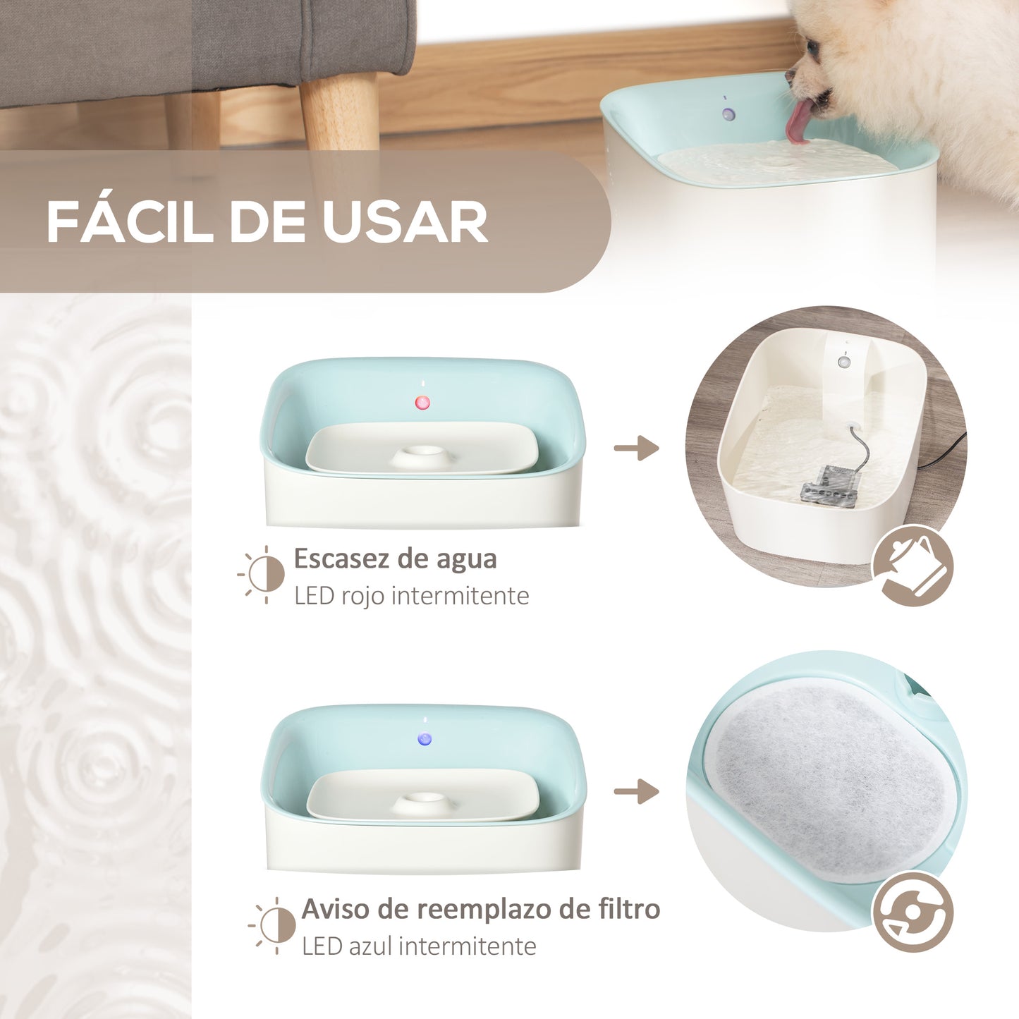 PawHut Fuente de Agua para Gatos 3L con Sensor de Infrarrojos 3 Modos Dispensador de Agua para Perros y Gatos Bebedero para Gatos con Luz Indicadora LED 21x20x18 cm Blanco y Azul