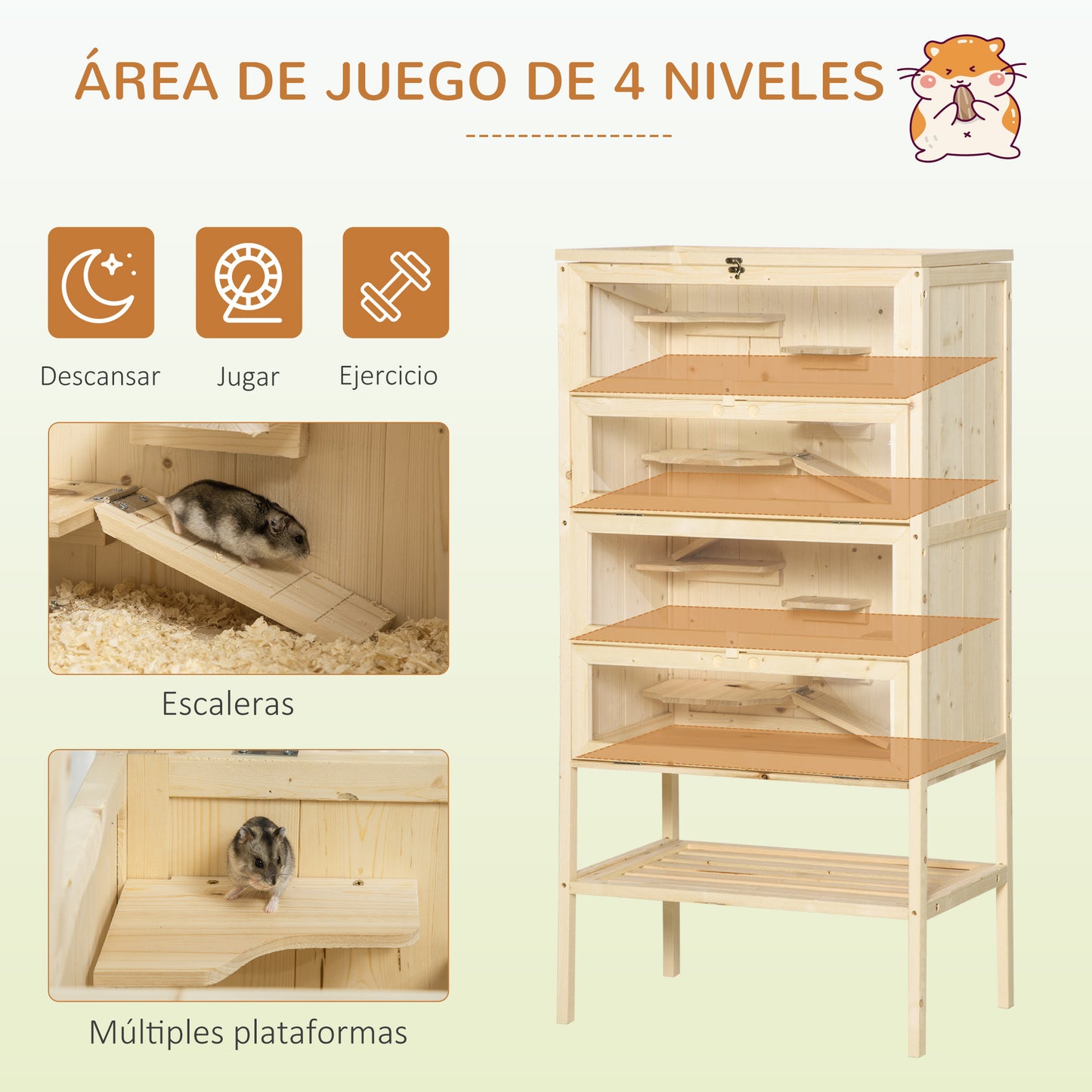 PawHut PawHut Jaula de Madera para Hámster Ratones Animales Pequeños y Roedores Tipo Casa Conejera con Techo Abatible 5 Pisos 10 Plataformas y 3 Escaleras 60x40x120 cm