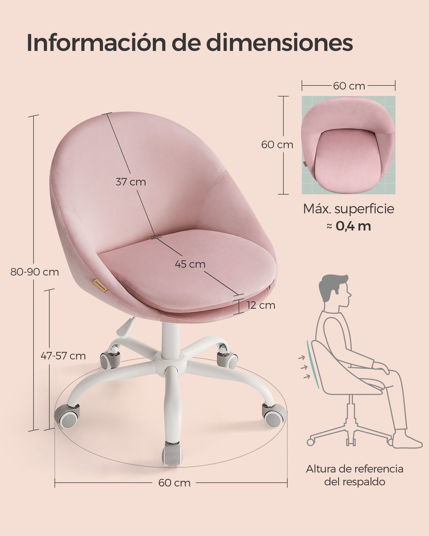 Silla de Oficina en Casa Altura Ajustable Rosa Jalea-SONGMICS