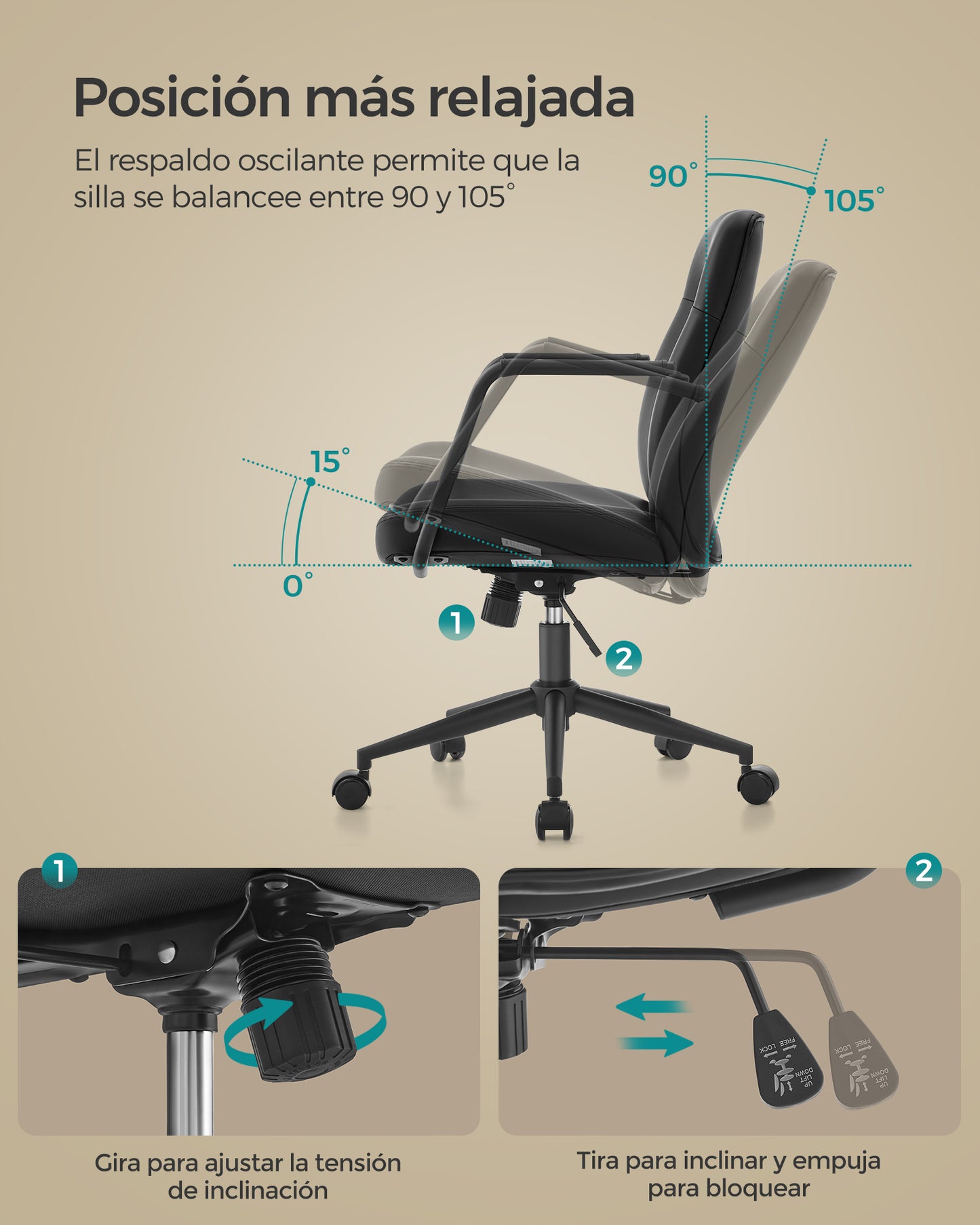 Silla de Oficina Giratoria Superficie de PU Negro Tinta-SONGMICS