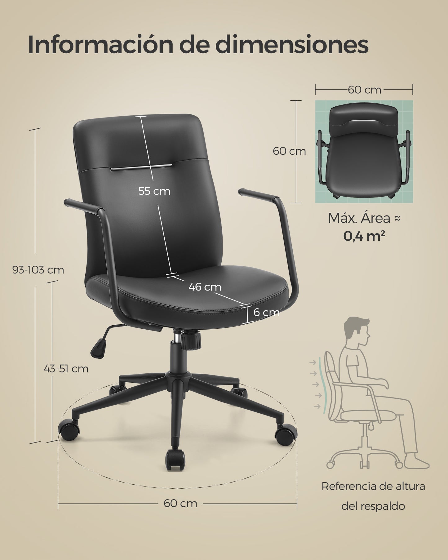 Silla de Oficina Giratoria Superficie de PU Negro Tinta-SONGMICS