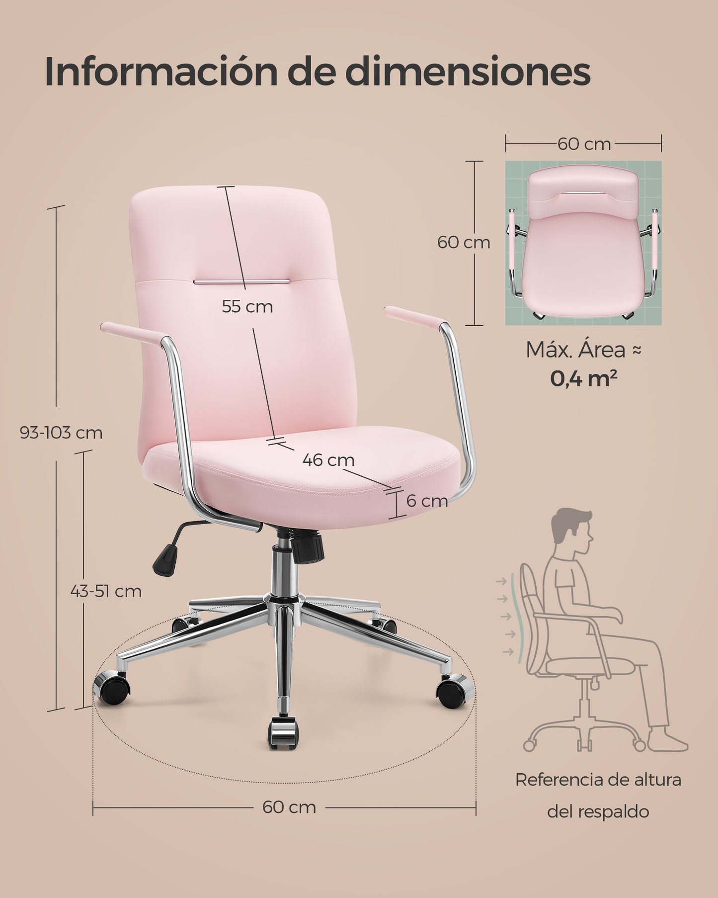 Silla de Oficina Giratoria Altura Ajustable Rosa Pastel-SONGMICS