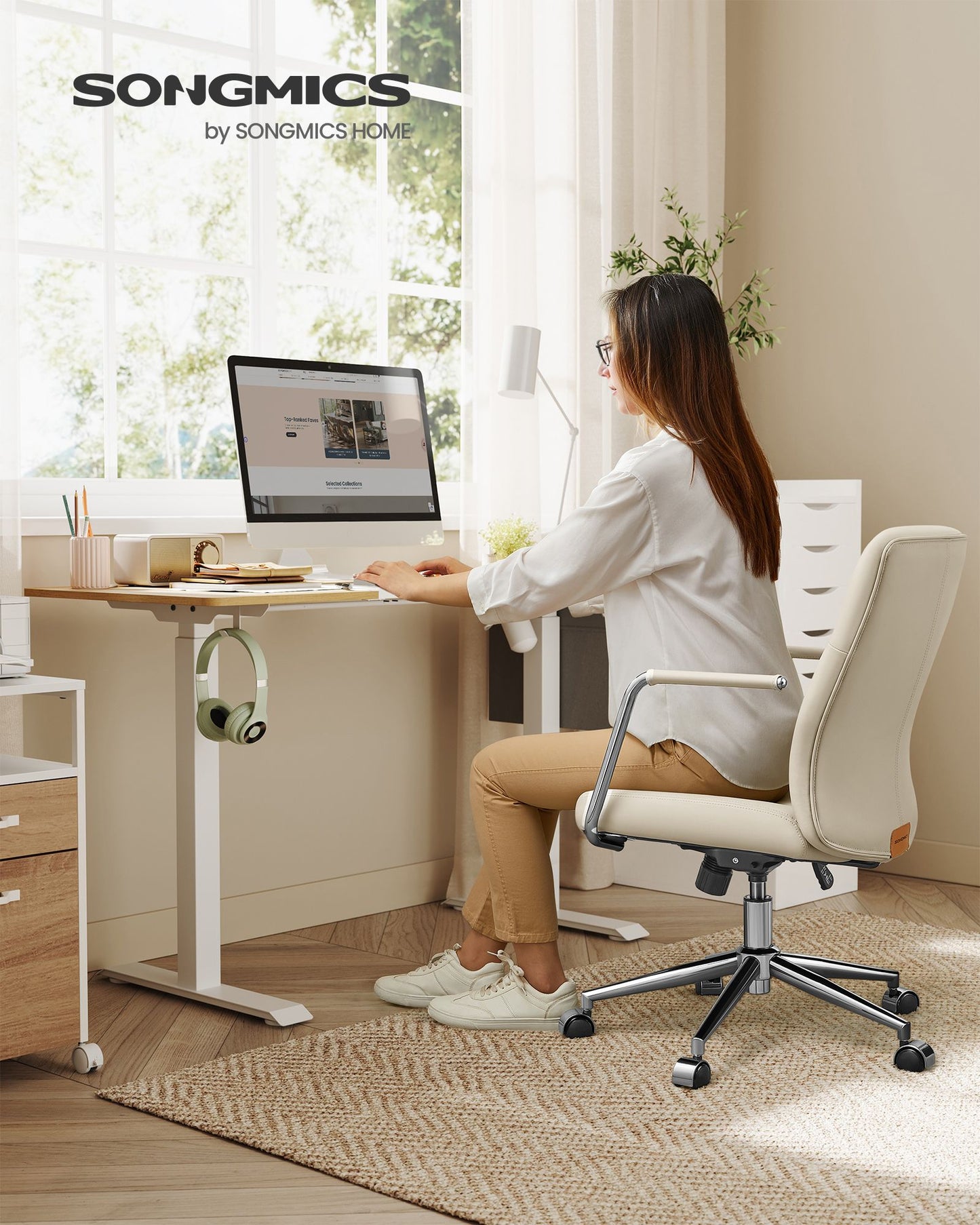 Silla de Oficina Giratoria Altura Ajustable Beige Capuchino-SONGMICS