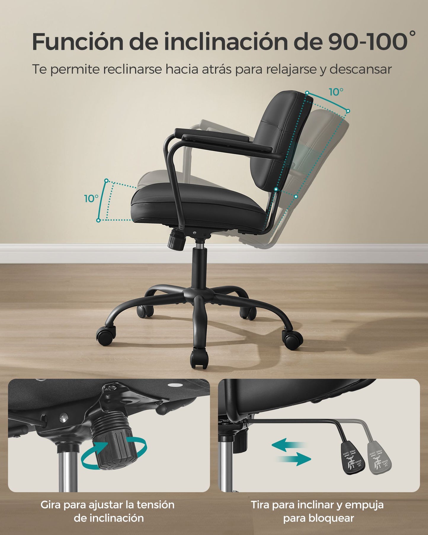 Silla de Escritorio Giratoria Ergonómica Altura Ajustable Negro Tinta-SONGMICS