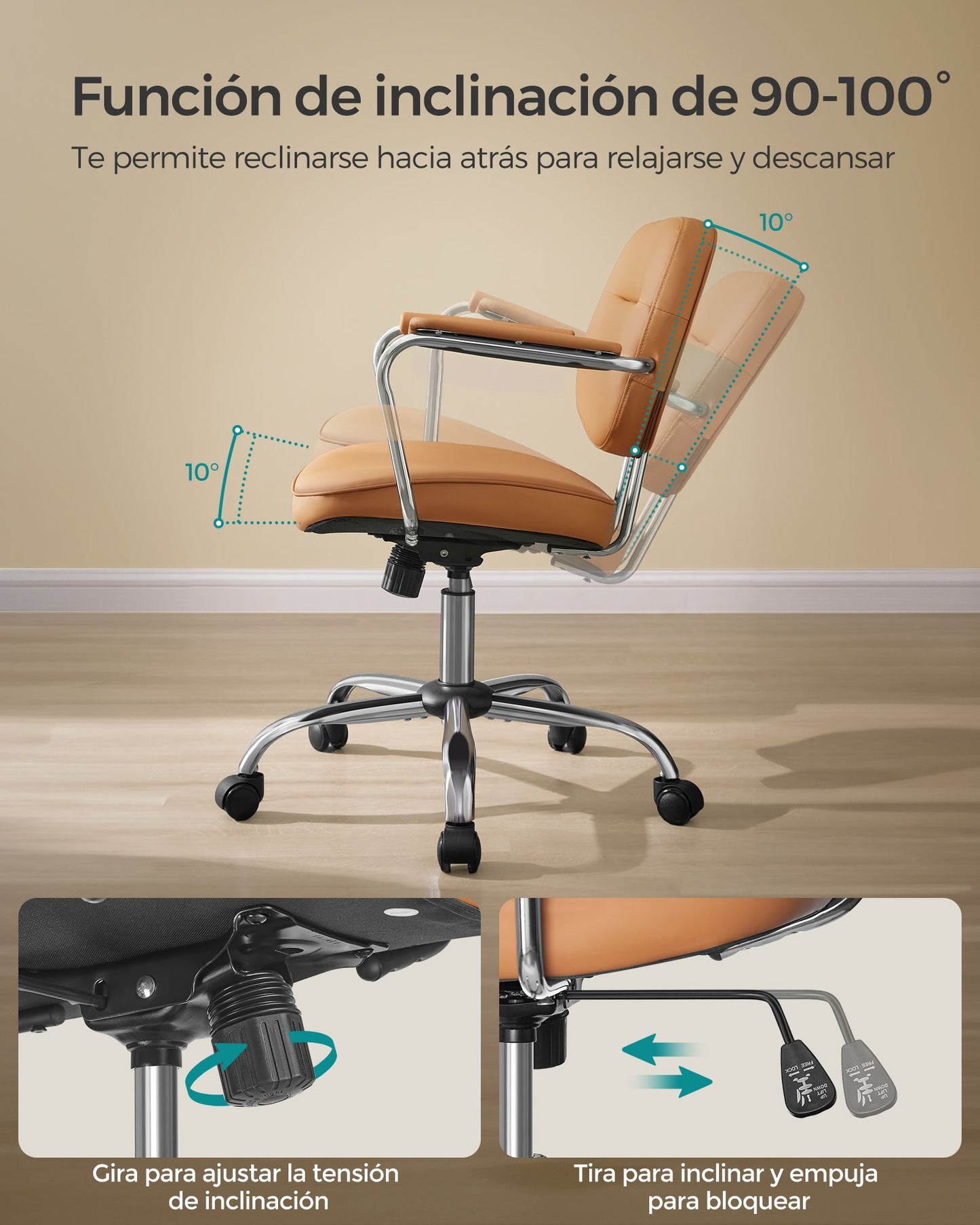 Silla de Escritorio Ergonómica Altura Ajustable Marrón Camello-SONGMICS