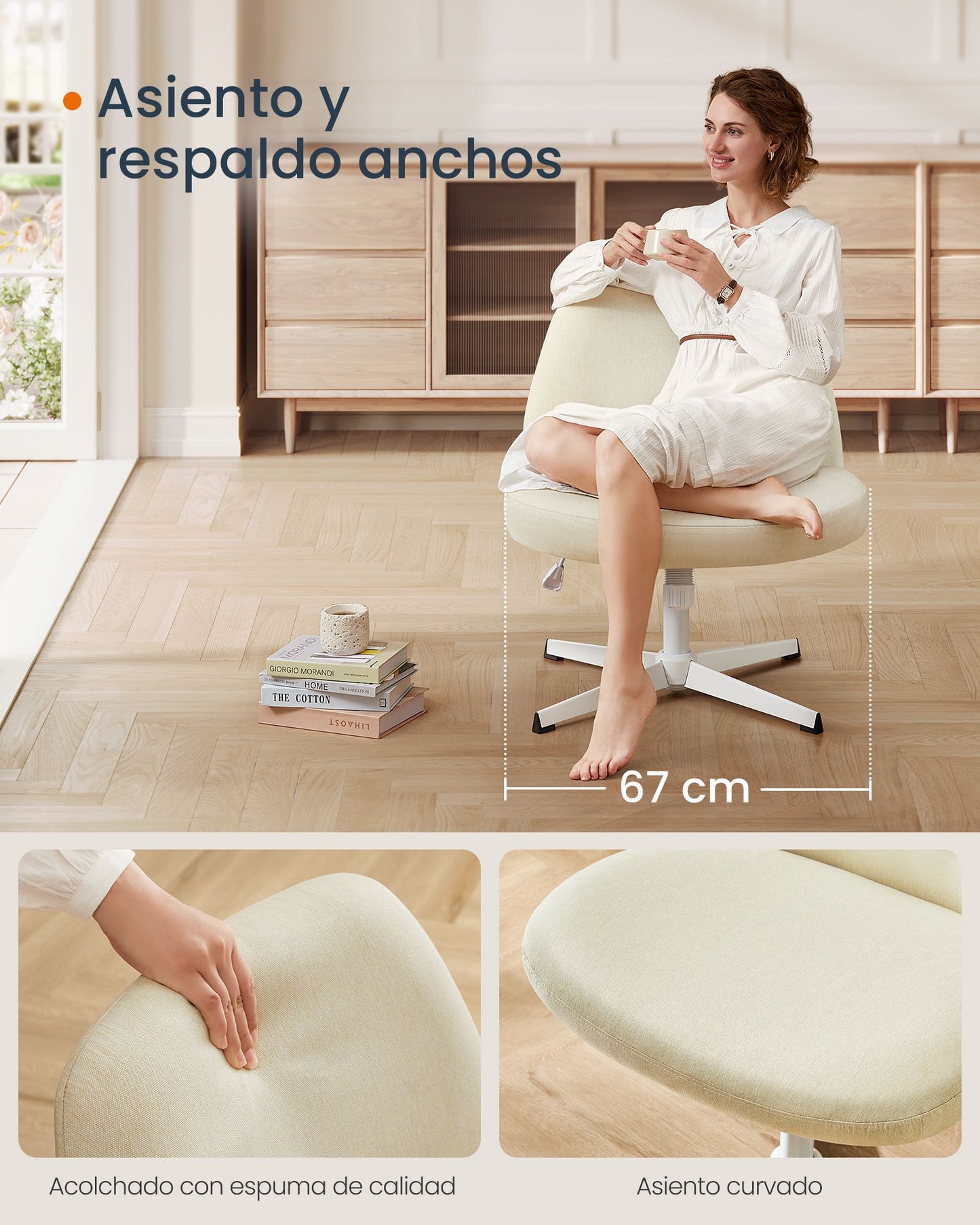 Silla de Oficina Altura Ajustable Blanco Crema-SONGMICS HOME