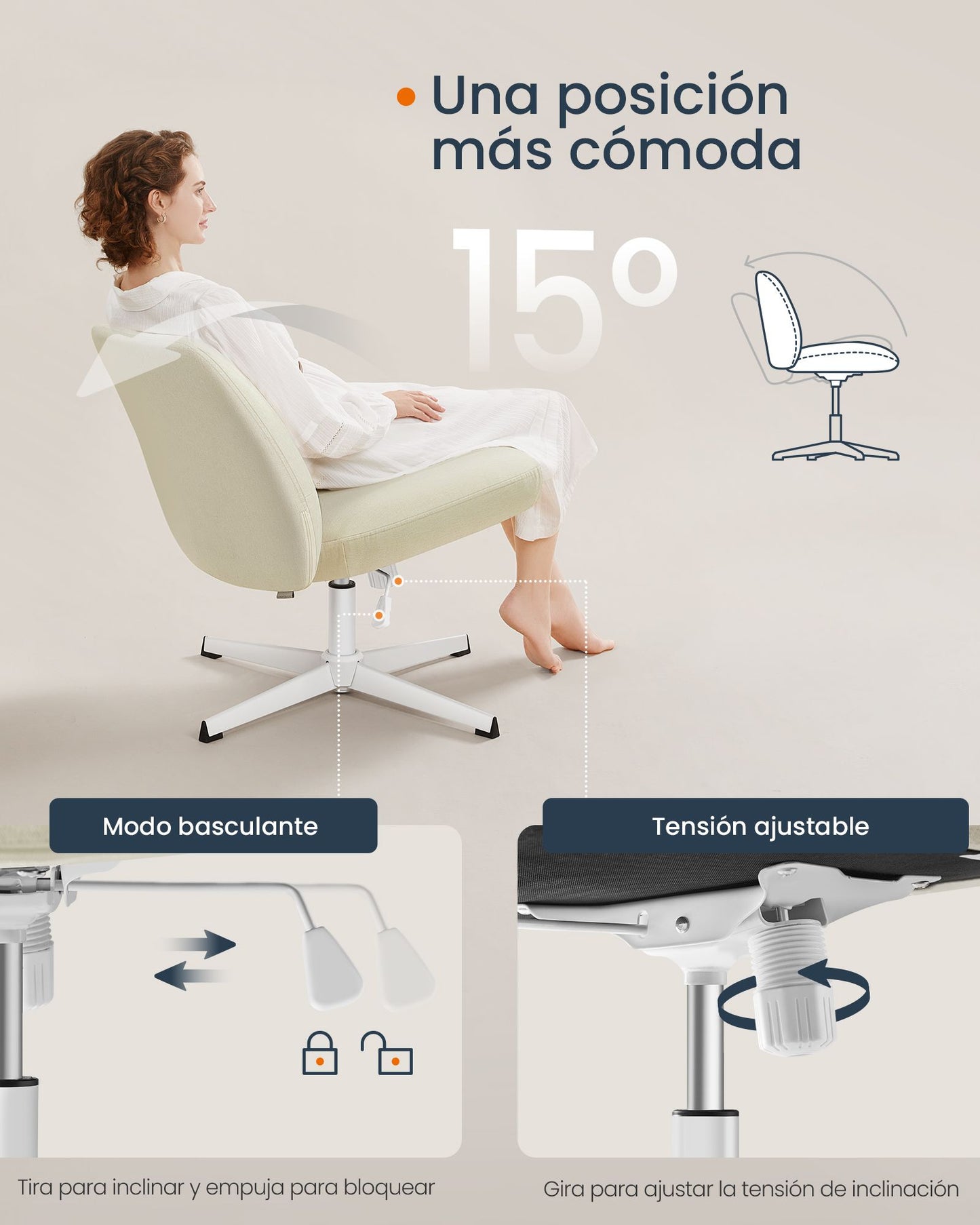 Silla de Oficina Altura Ajustable Blanco Crema-SONGMICS HOME