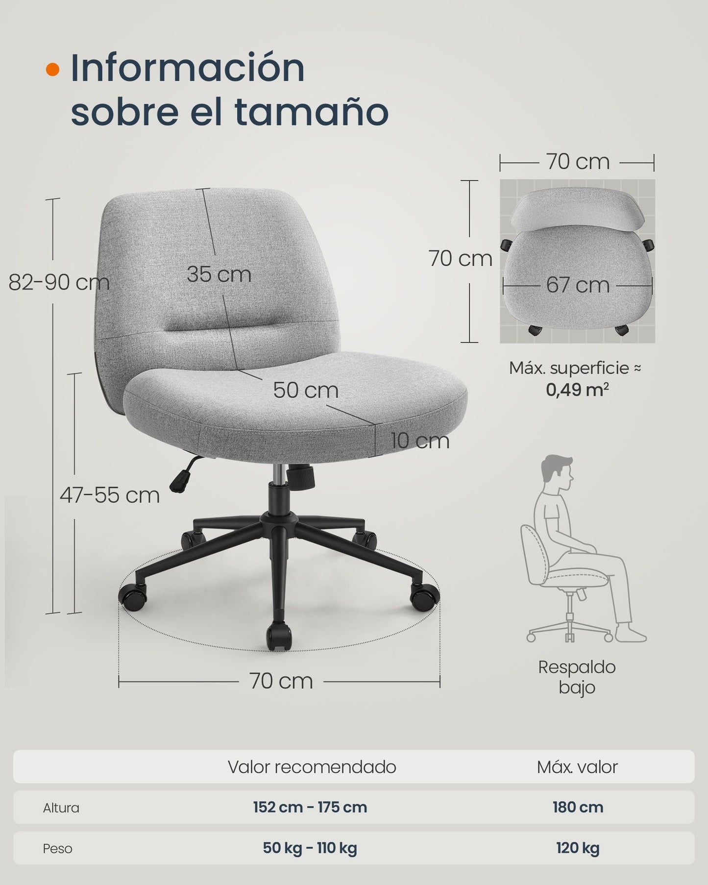 Silla de Oficina Altura Ajustable Gris Paloma-SONGMICS HOME