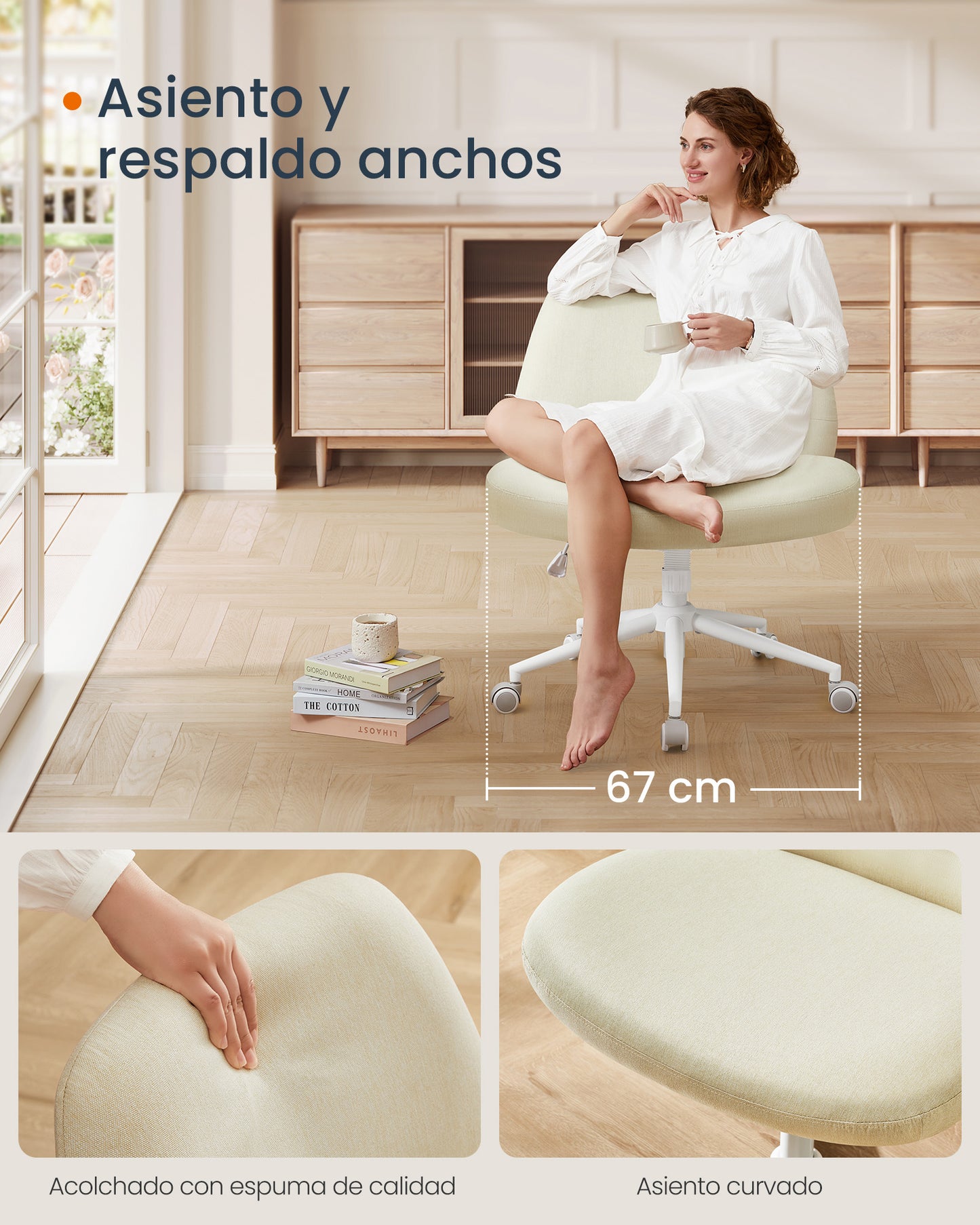 Silla de Oficina Altura Ajustable Blanco Crema-SONGMICS HOME