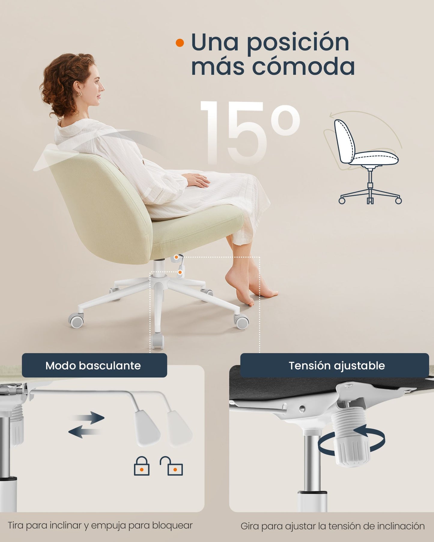 Silla de Oficina Altura Ajustable Blanco Crema-SONGMICS HOME