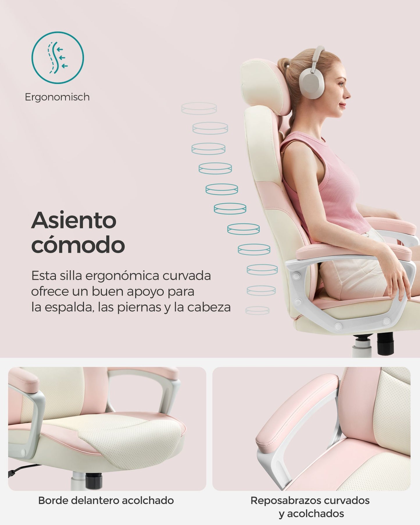 Silla de Oficina Reposacabezas Ajustable Rosa Jalea-SONGMICS