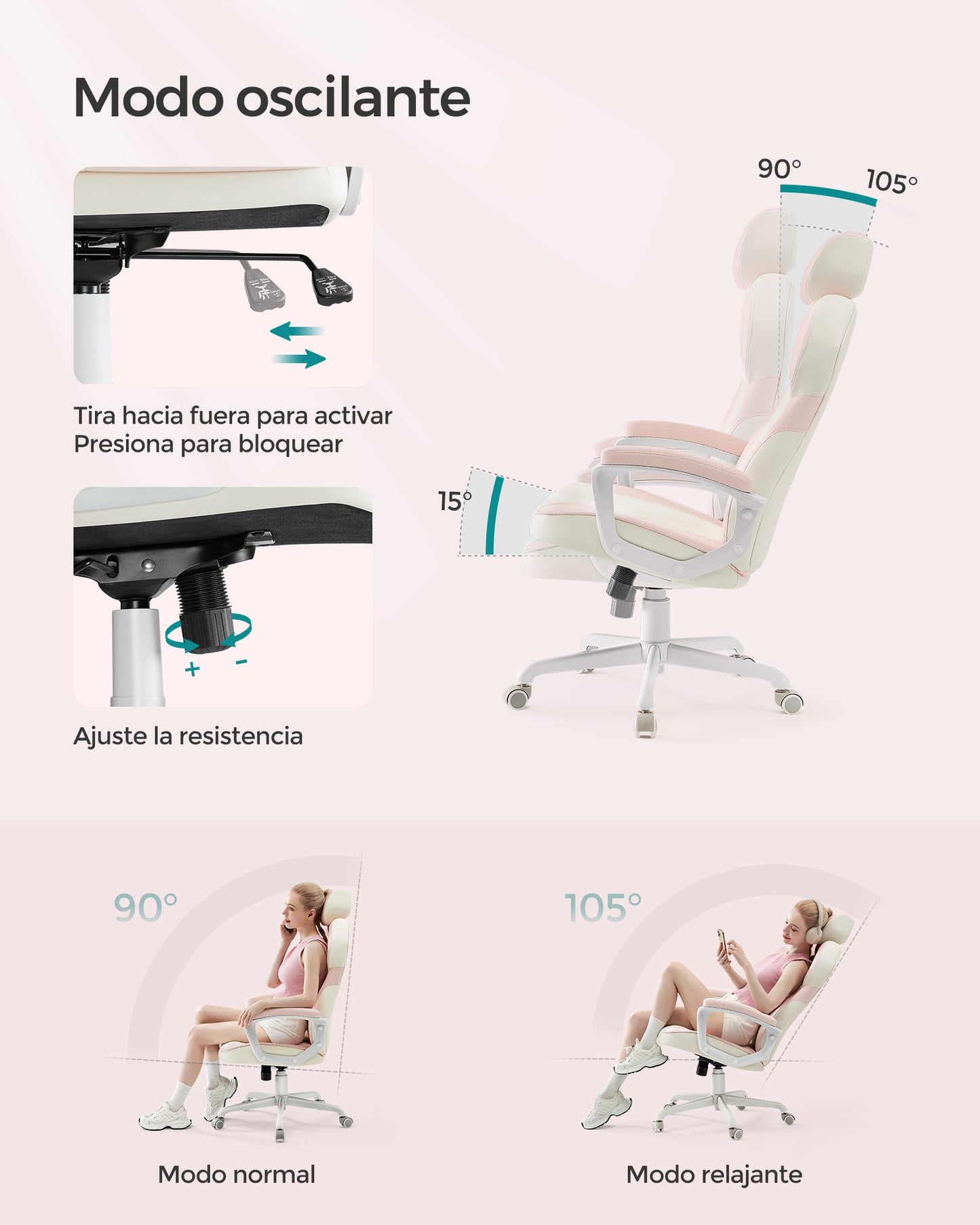 Silla de Oficina Reposacabezas Ajustable Rosa Jalea-SONGMICS