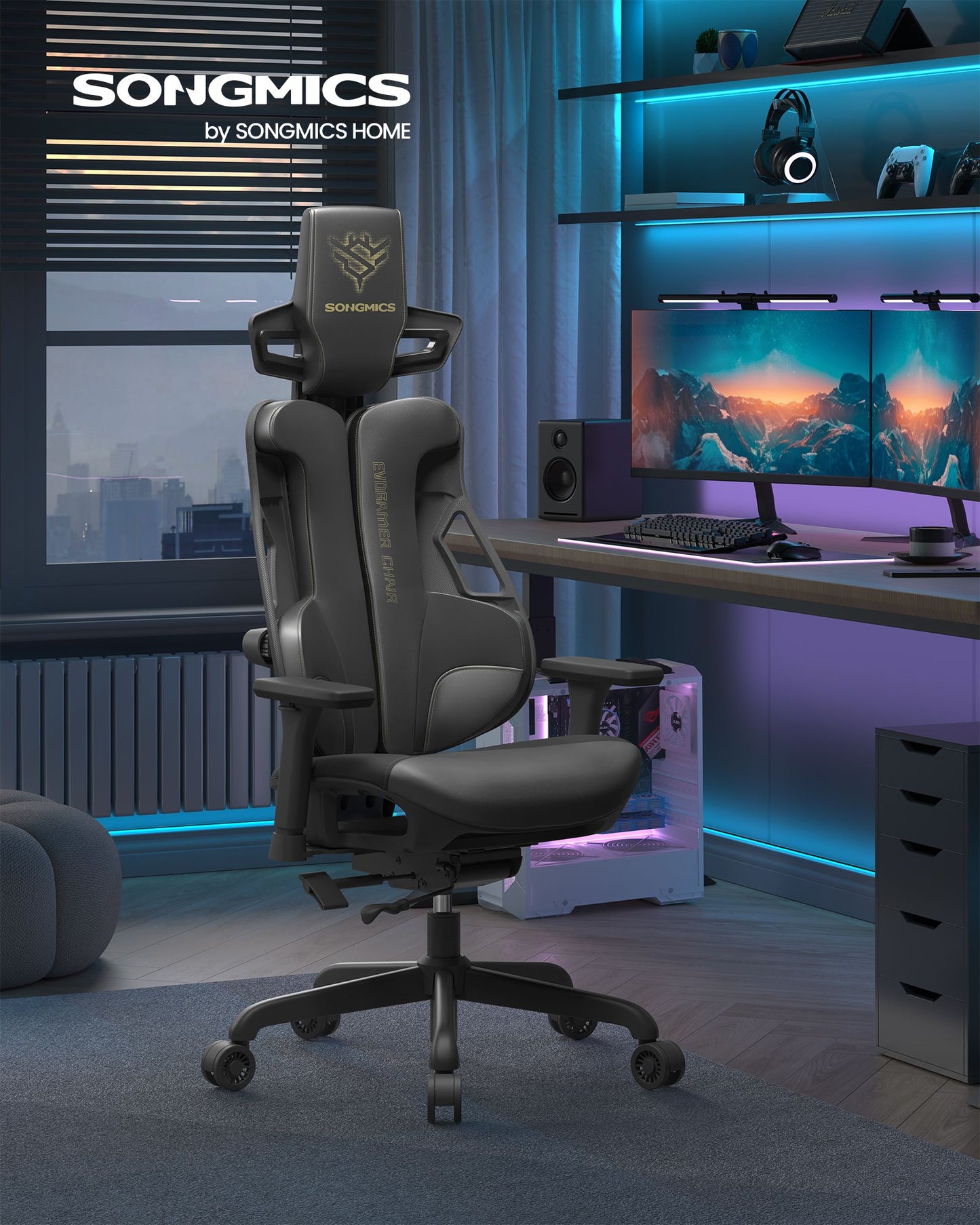 Silla Gaming Altura Ajustable Reposacabezas Negro Tinta-SONGMICS