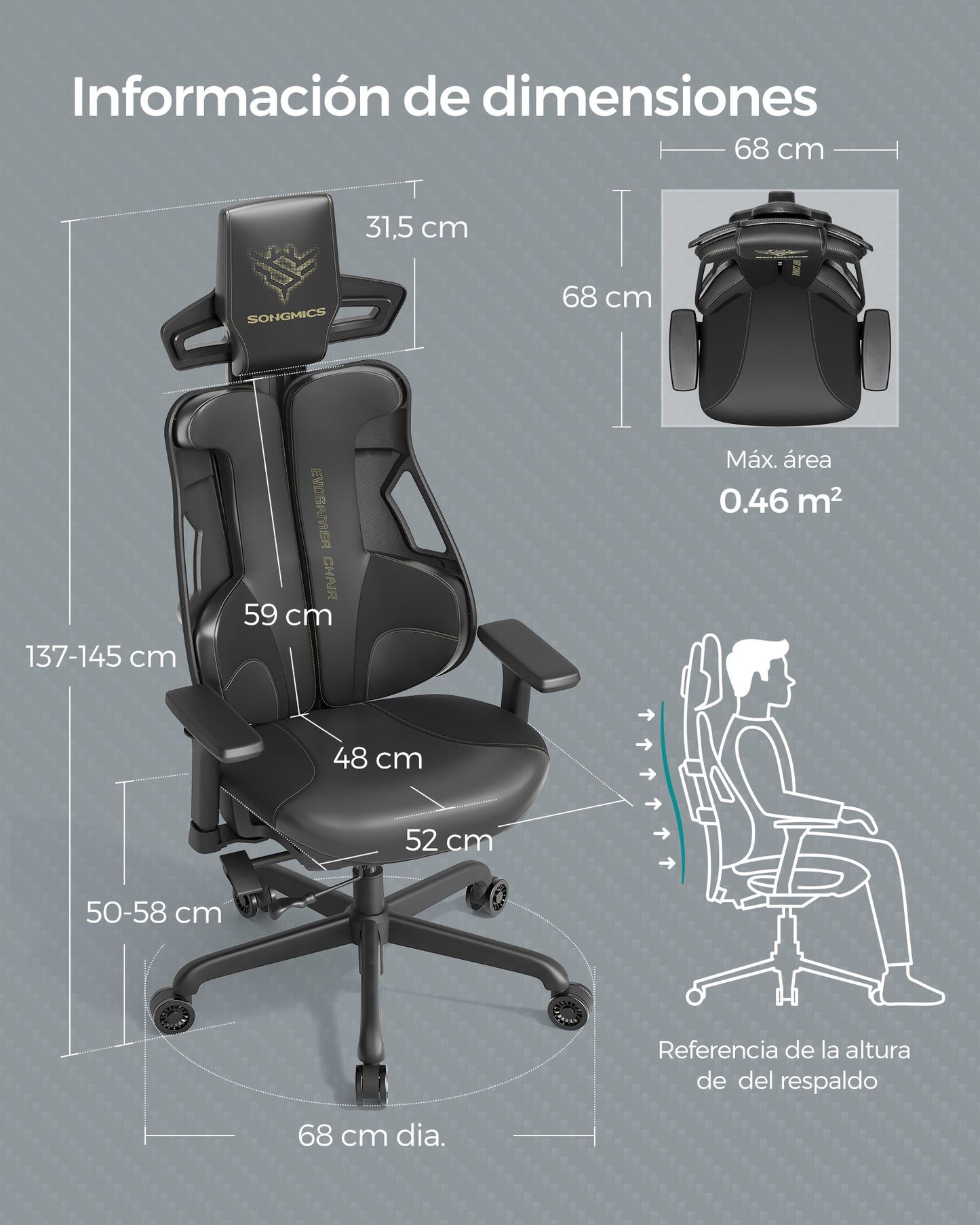 Silla Gaming Altura Ajustable Reposacabezas Negro Tinta-SONGMICS