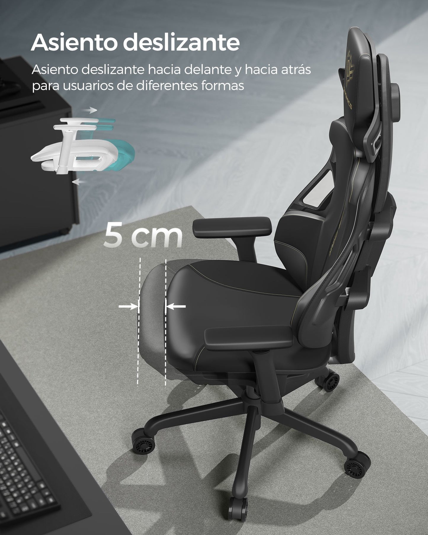 Silla Gaming Altura Ajustable Reposacabezas Negro Tinta-SONGMICS