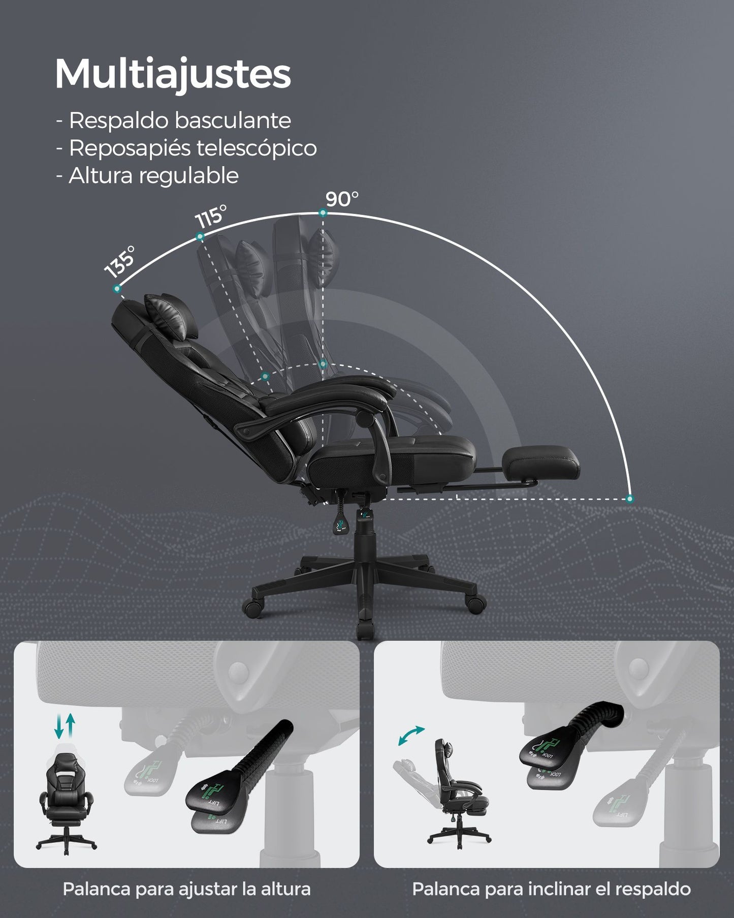 Silla de Oficina Ergonómica con Reposapiés Negro Tinta-SONGMICS