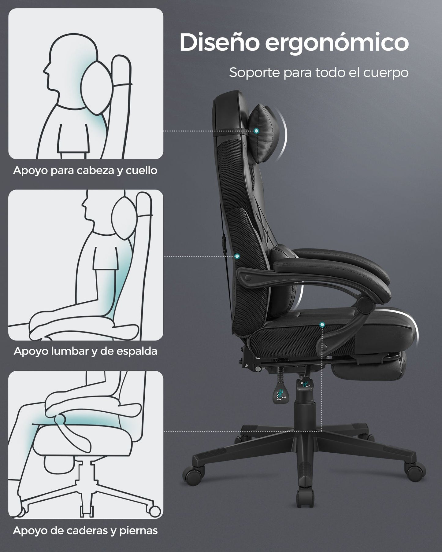 Silla de Oficina Ergonómica con Reposapiés Negro Tinta-SONGMICS